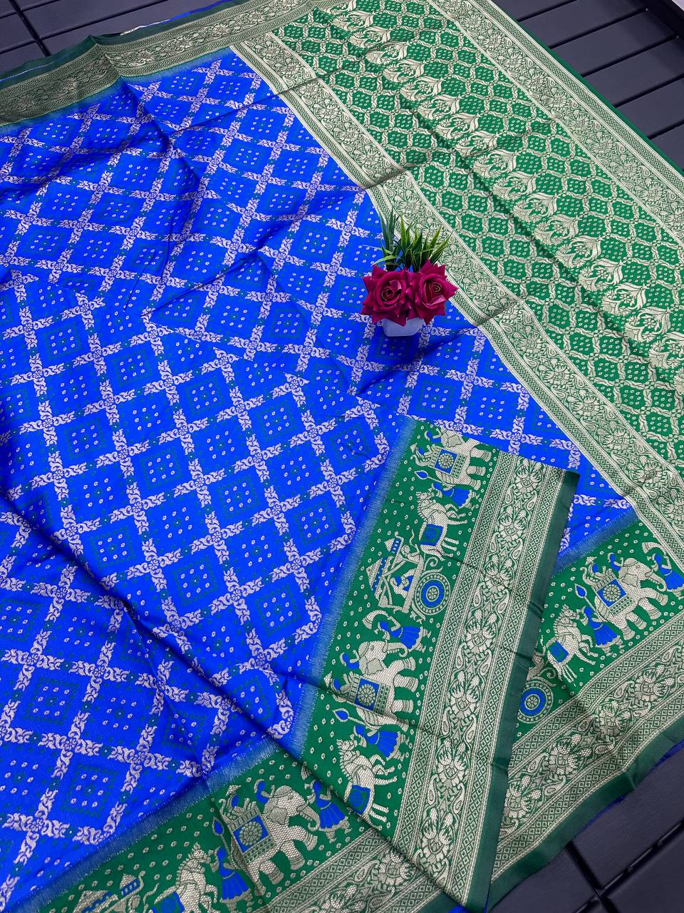 Royal Blue and Green Golden Design Padmavati Patola Silk Saree