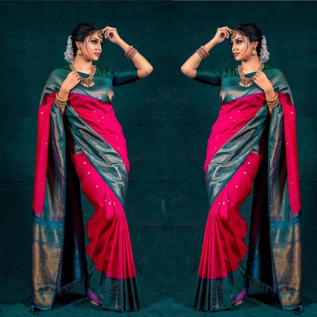 Rama and Dark Pink Golden Design Panther Pure Silk Saree