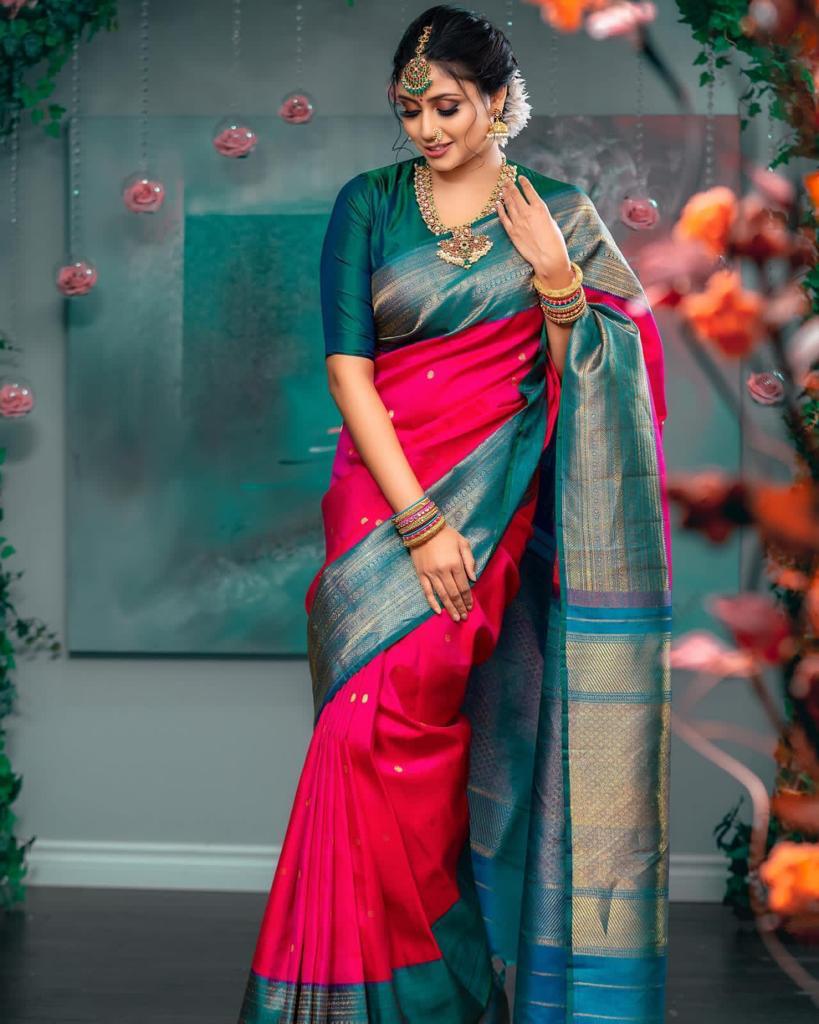 Rama and Dark Pink Golden Design Panther Pure Silk Saree