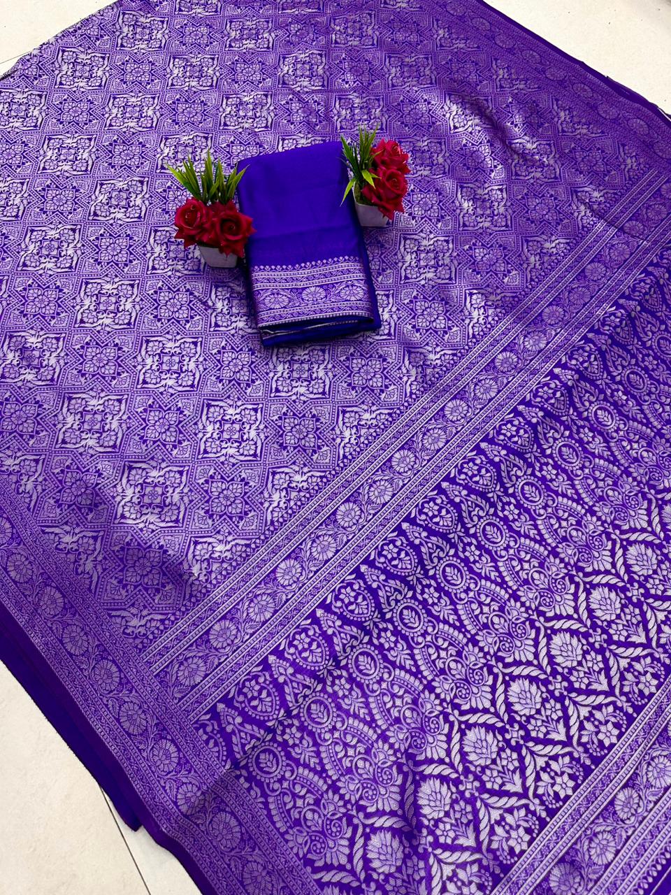 Purple Silver Design Boarder Pipali Pure Silk Saree