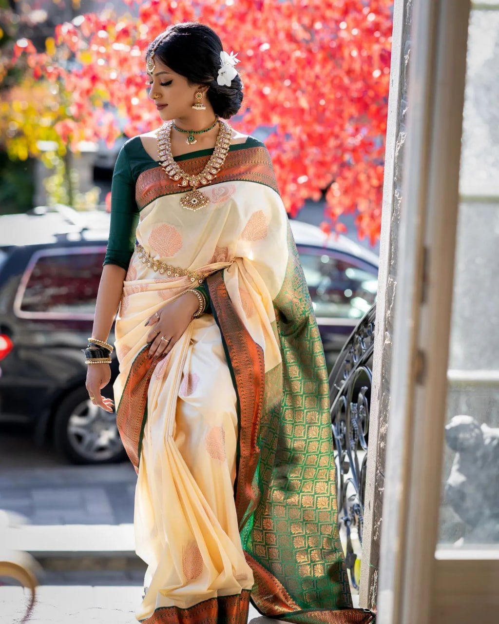 Off-white and  Dark Green Pooja Pure Silk Saree