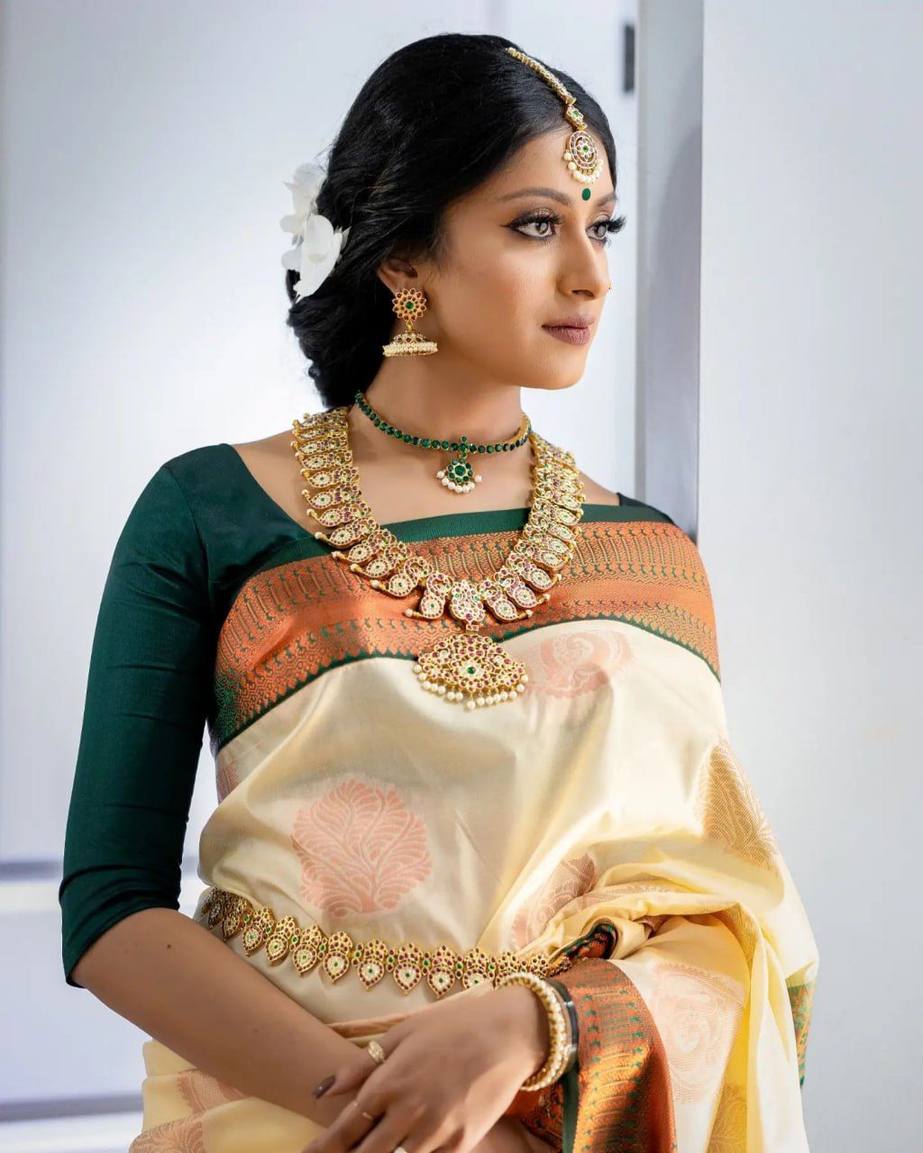 Off-white and  Dark Green Pooja Pure Silk Saree