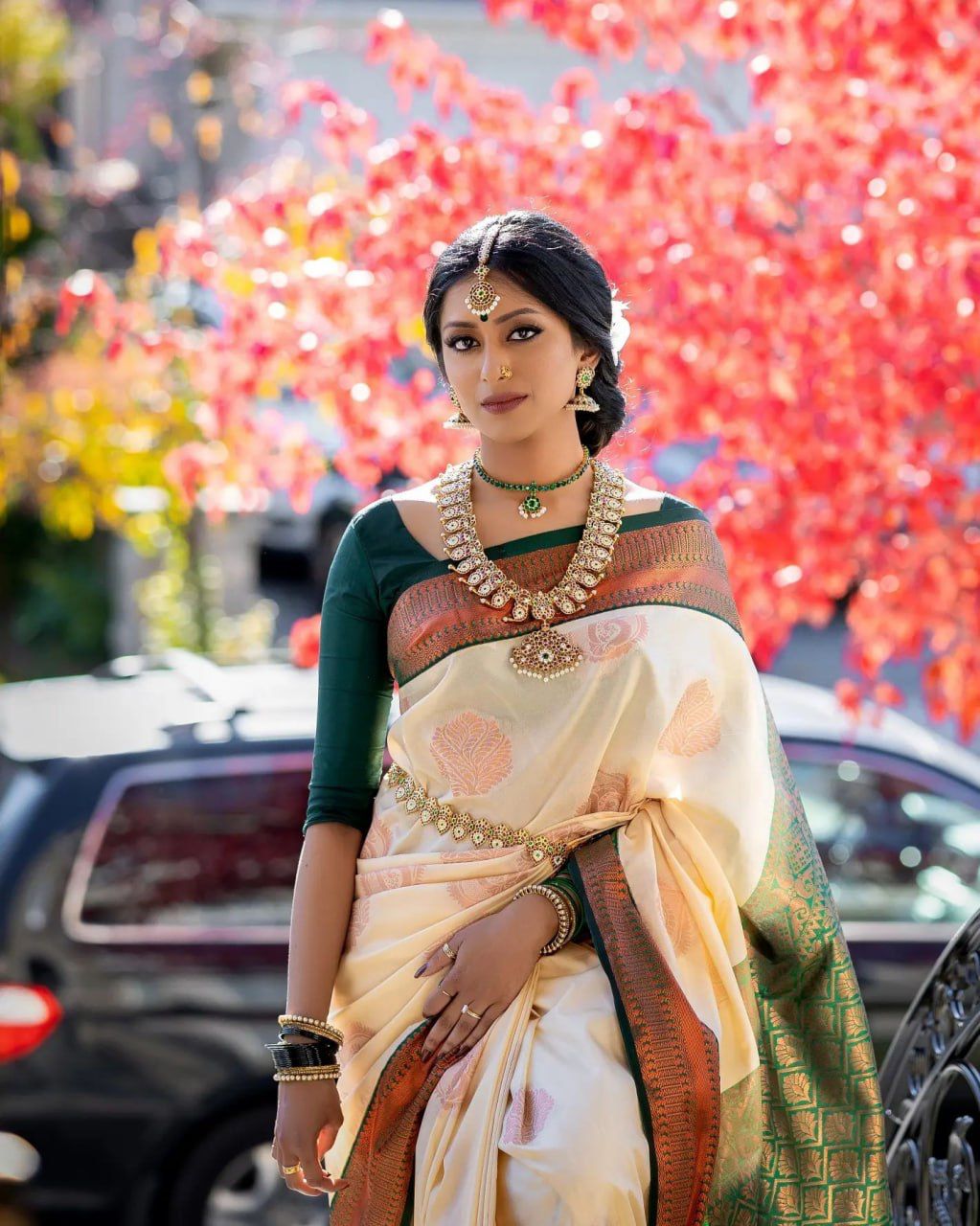 Off-white and  Dark Green Pooja Pure Silk Saree