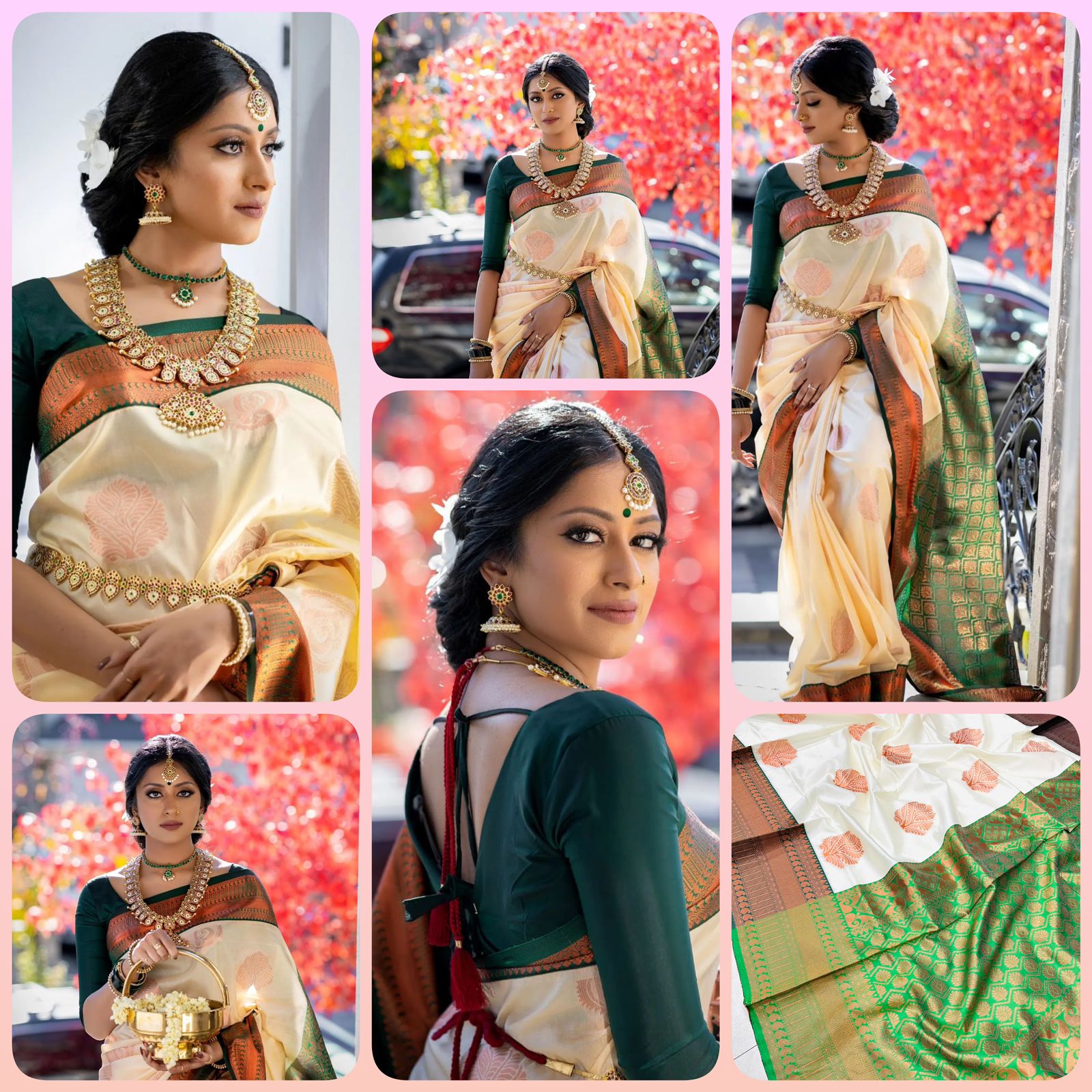 Off-white and  Dark Green Pooja Pure Silk Saree