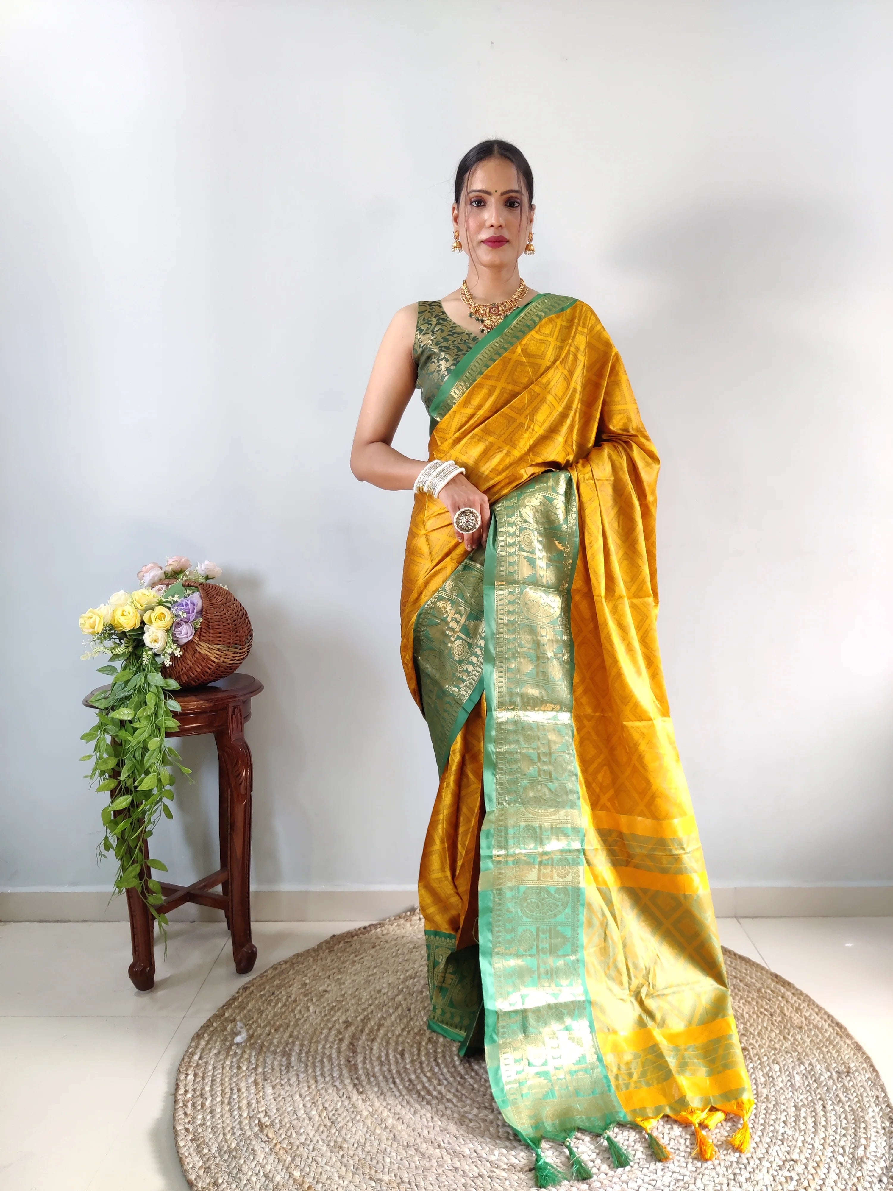 1 Min Ready-To-Wear Yellow Green Banarasi Silk Saree With Unstitched Blouse.