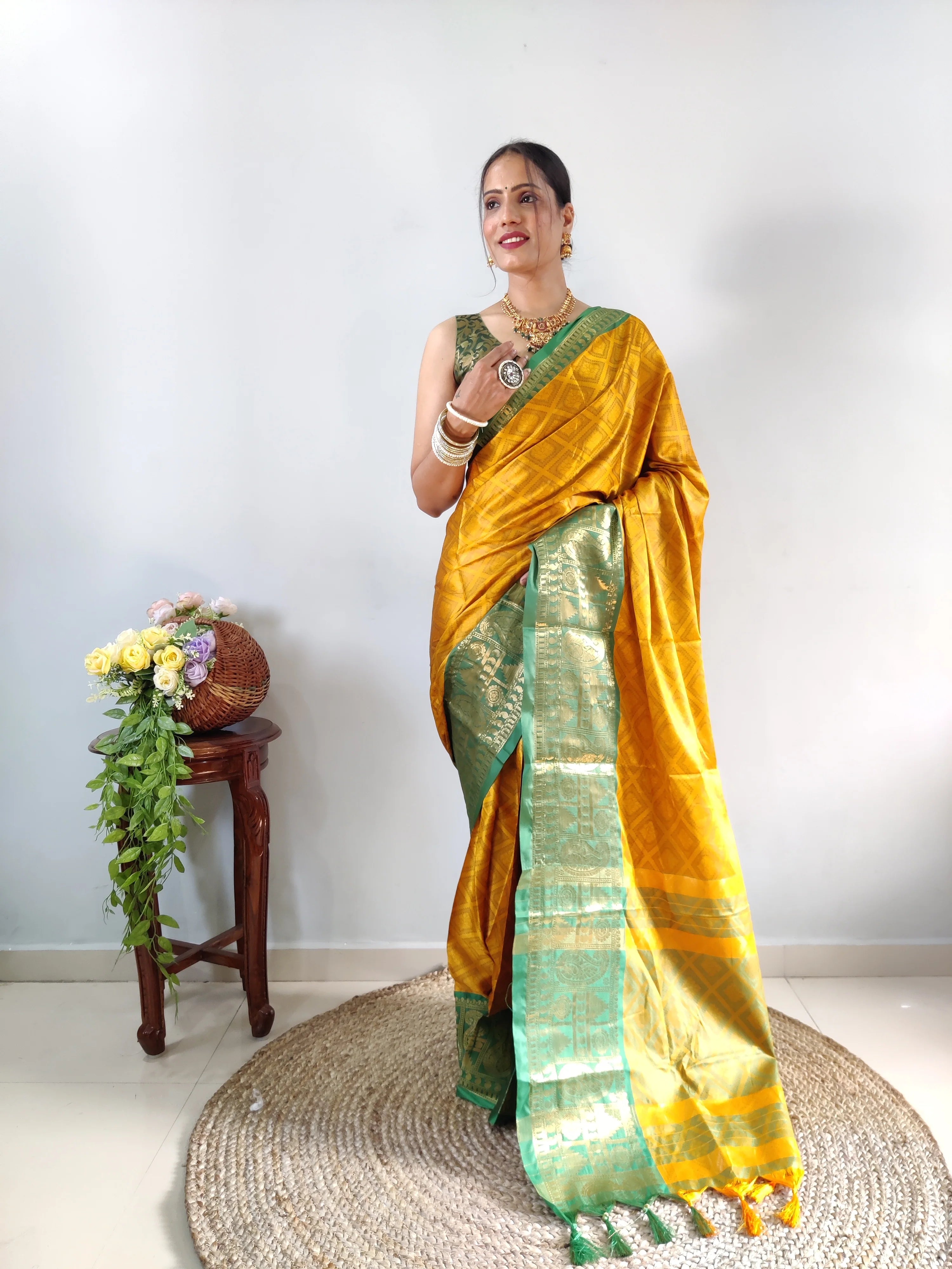 1 Min Ready-To-Wear Yellow Green Banarasi Silk Saree With Unstitched Blouse.