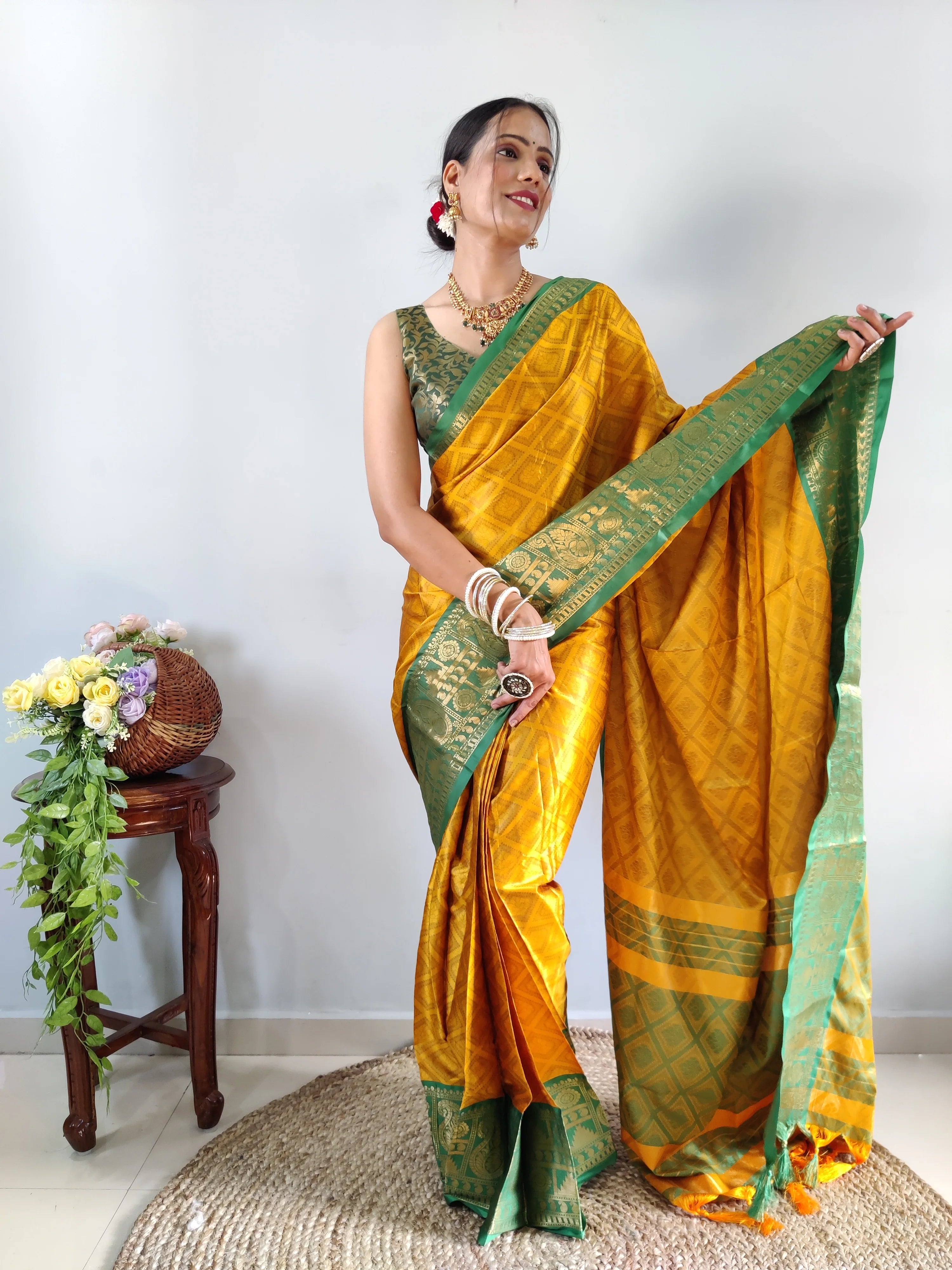 1 Min Ready-To-Wear Yellow Green Banarasi Silk Saree With Unstitched Blouse.