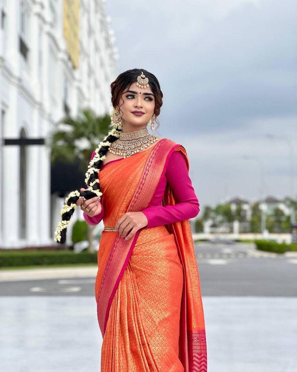 Orange and Pink Premvati Pure Silk Saree