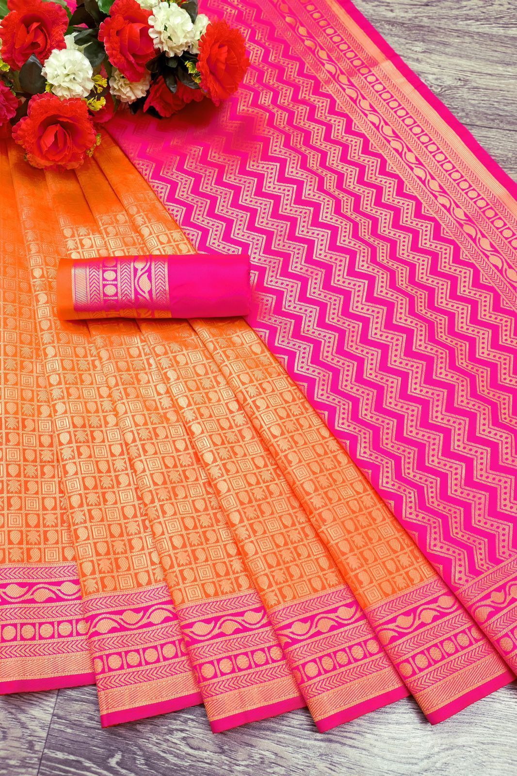 Orange and Pink Premvati Pure Silk Saree