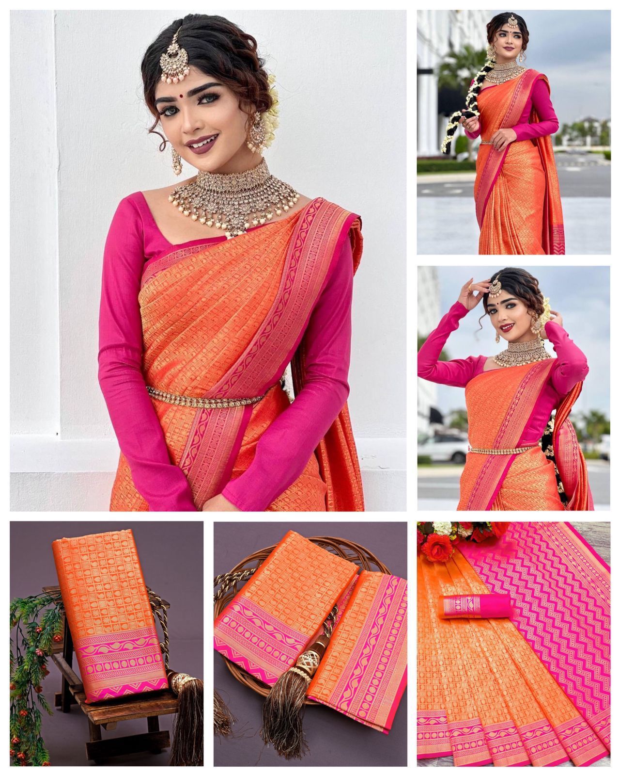 Orange and Pink Premvati Pure Silk Saree