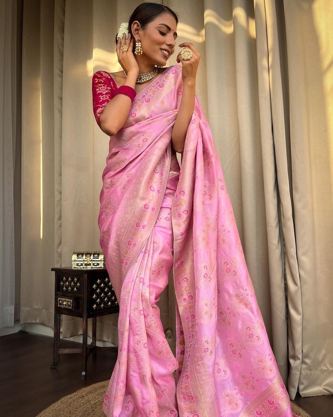 Pink and Red Designer Rajdwari Dola Silk Saree