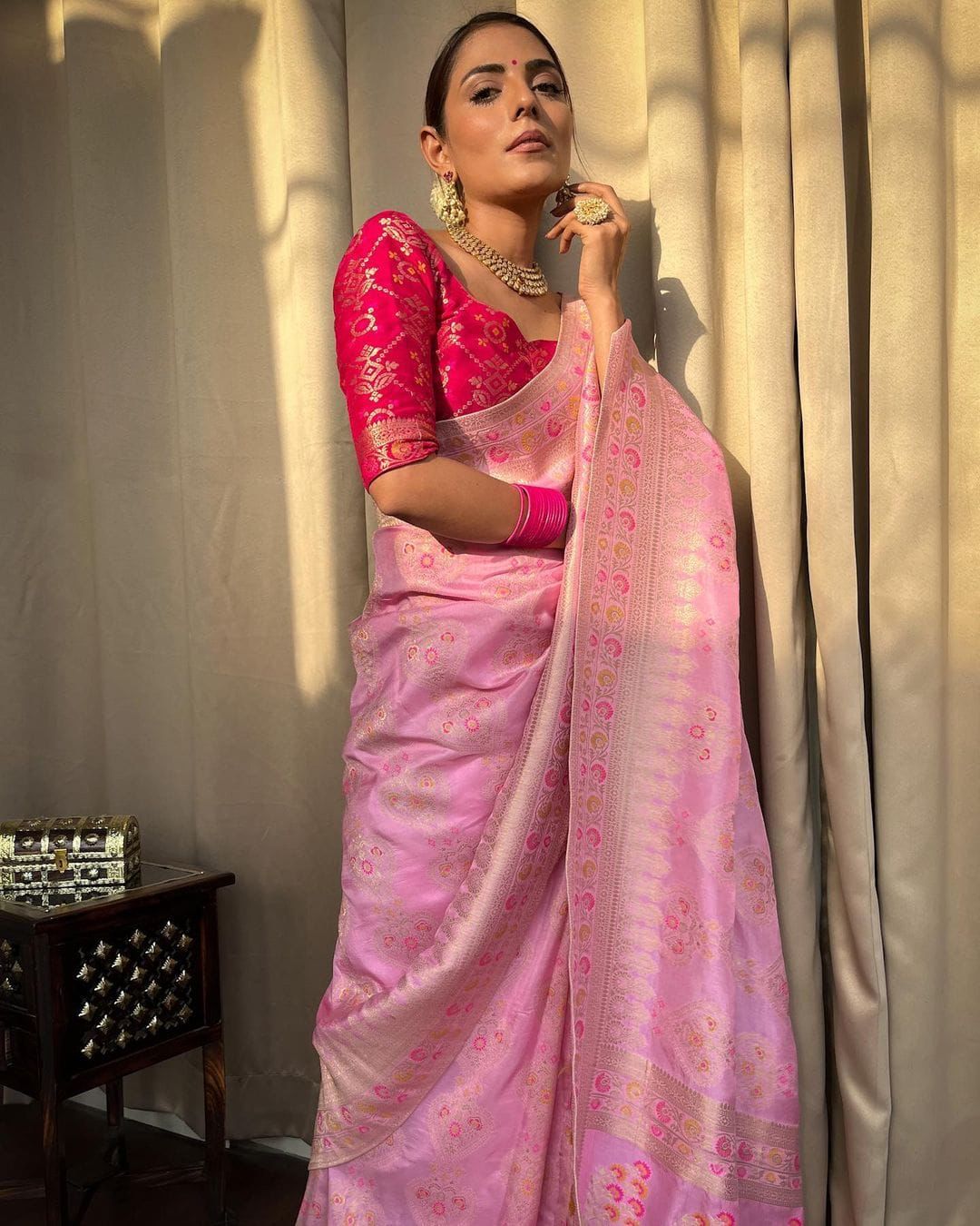 Pink and Red Designer Rajdwari Dola Silk Saree