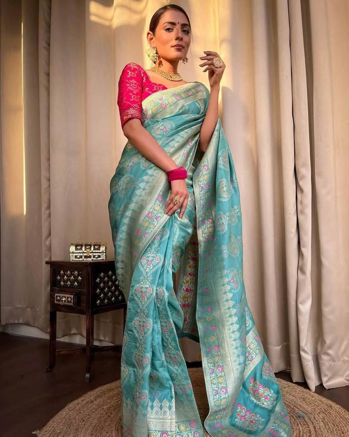 Light Sky and Pink Designer Rajdwari Dola Silk Saree