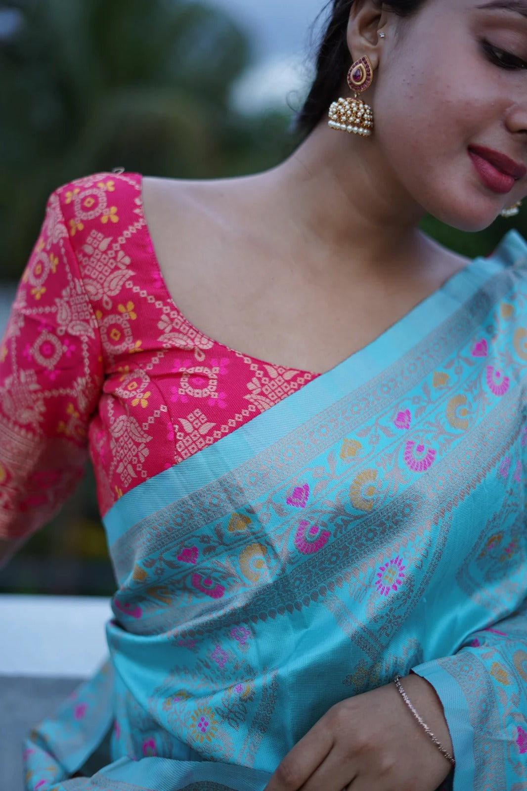 Sky and Pink Designer Rajdwari Dola Silk Saree