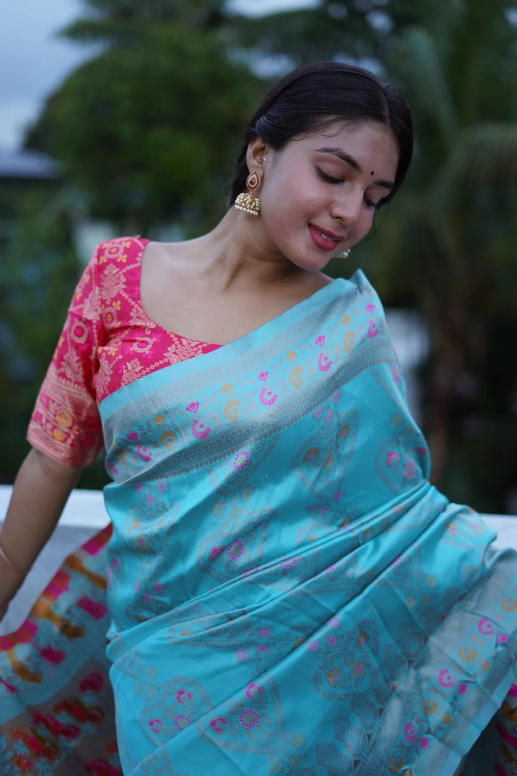 Sky and Pink Designer Rajdwari Dola Silk Saree