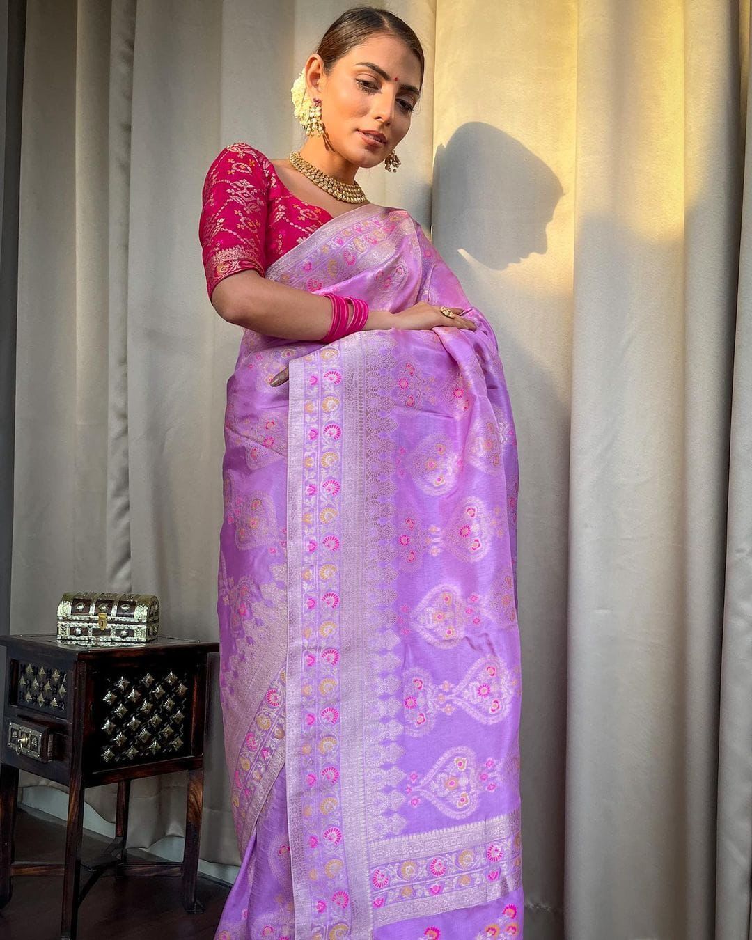 Violet and Pink Designer Rajdwari Dola Silk Saree