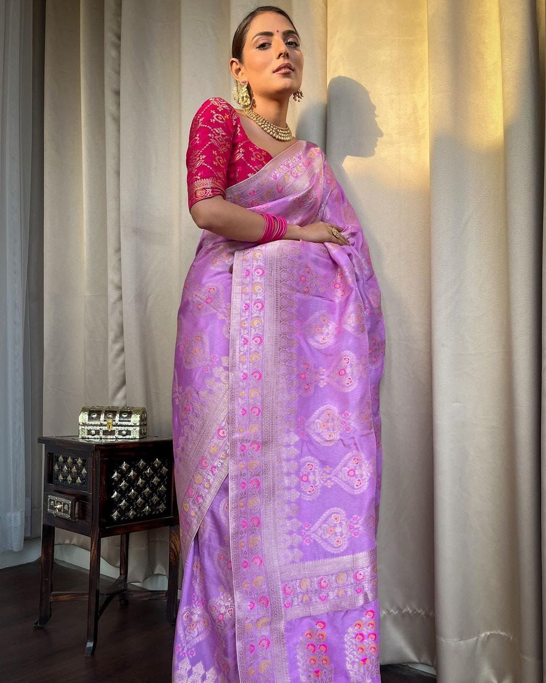 Violet and Pink Designer Rajdwari Dola Silk Saree