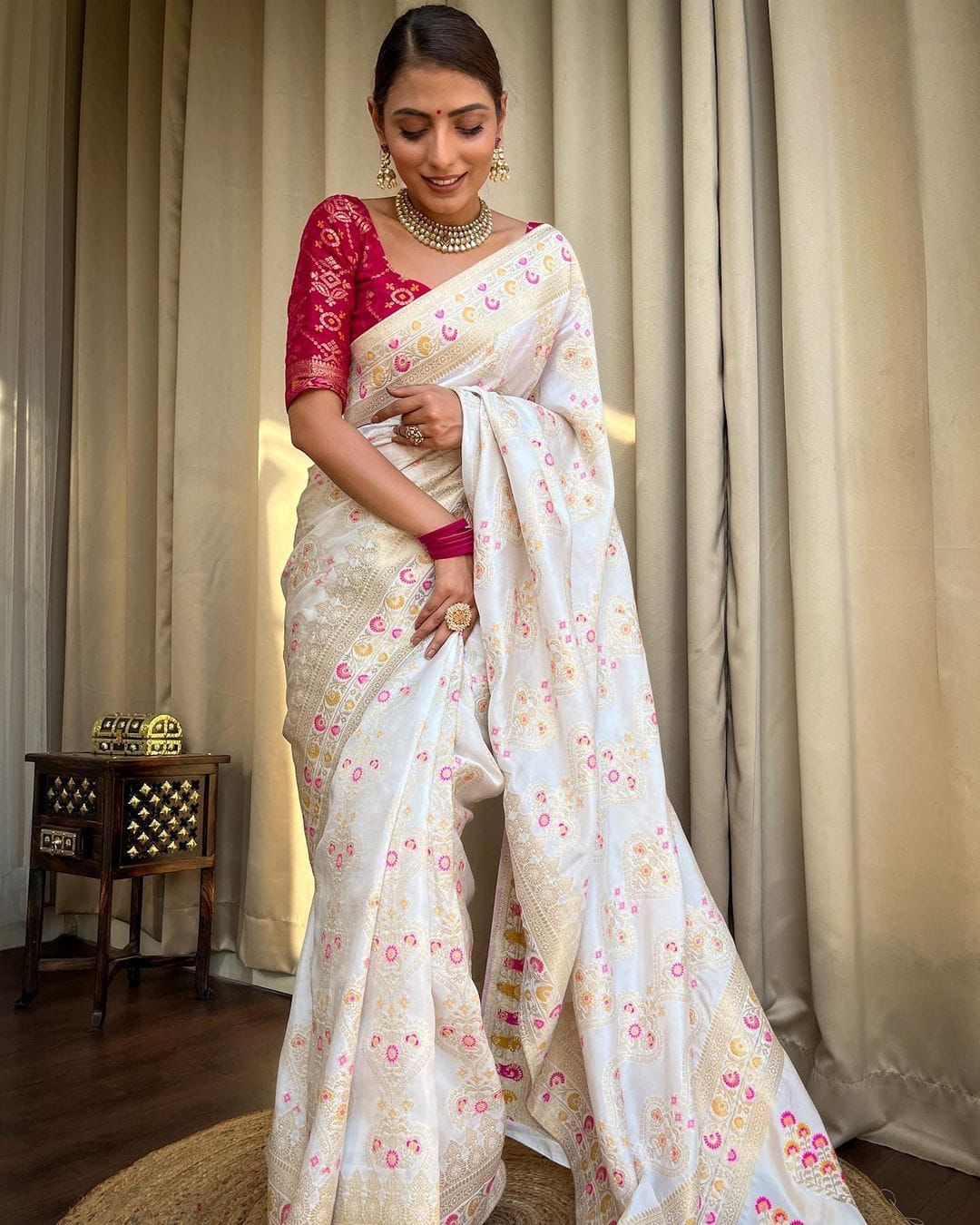 White and Pink Designer Rajdwari Dola Silk Saree