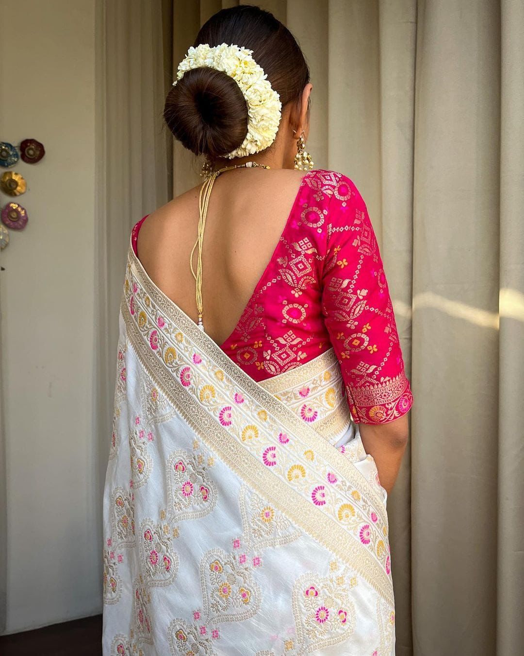 White and Pink Designer Rajdwari Dola Silk Saree