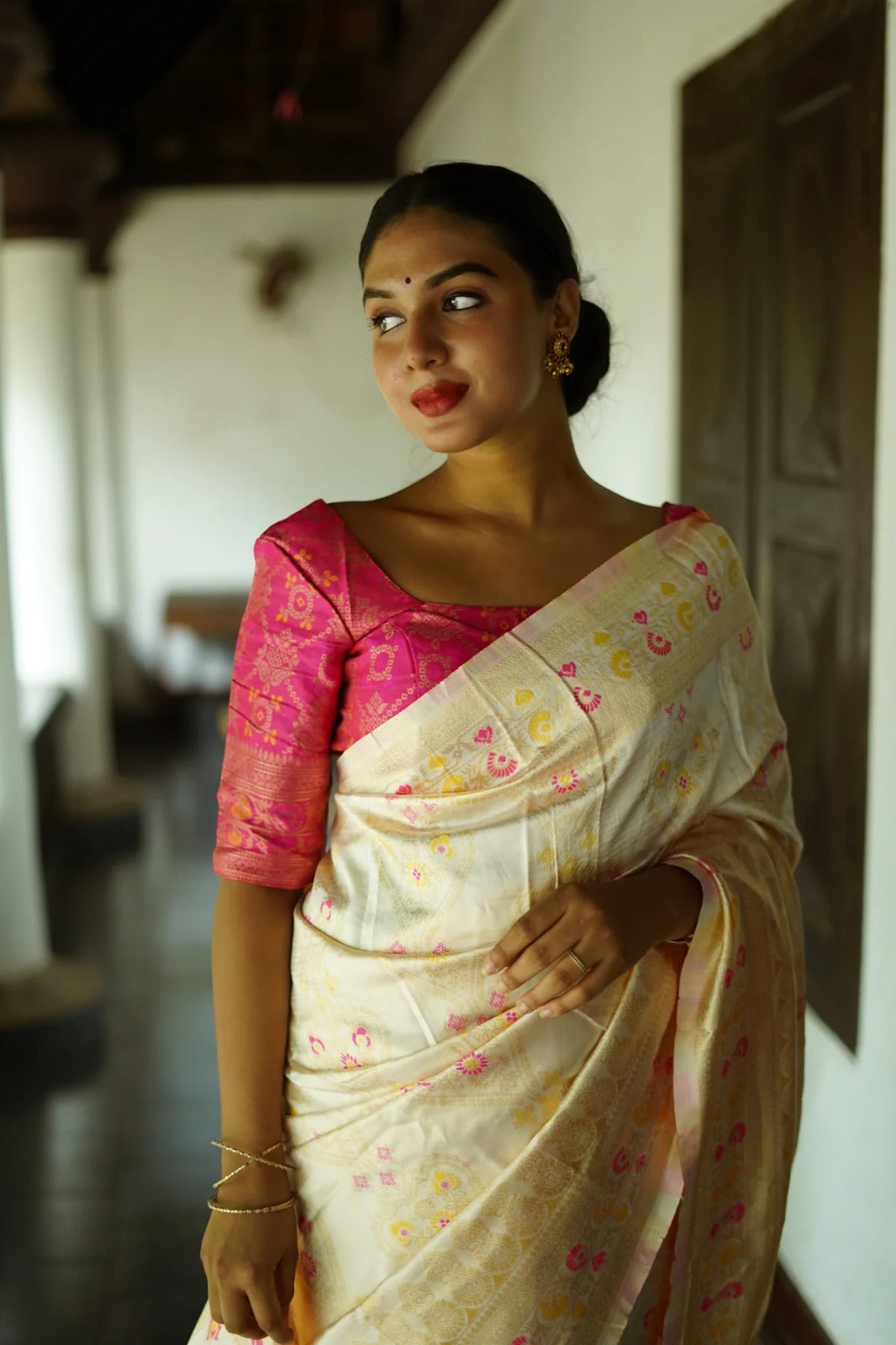 White and Pink Designer Rajdwari Dola Silk Saree