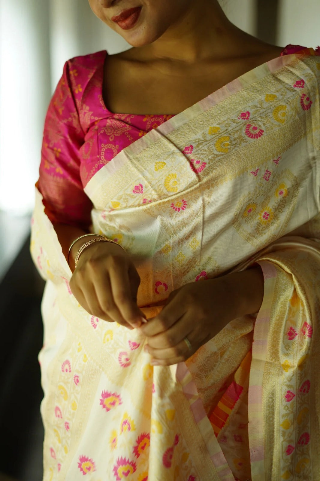 White and Pink Designer Rajdwari Dola Silk Saree