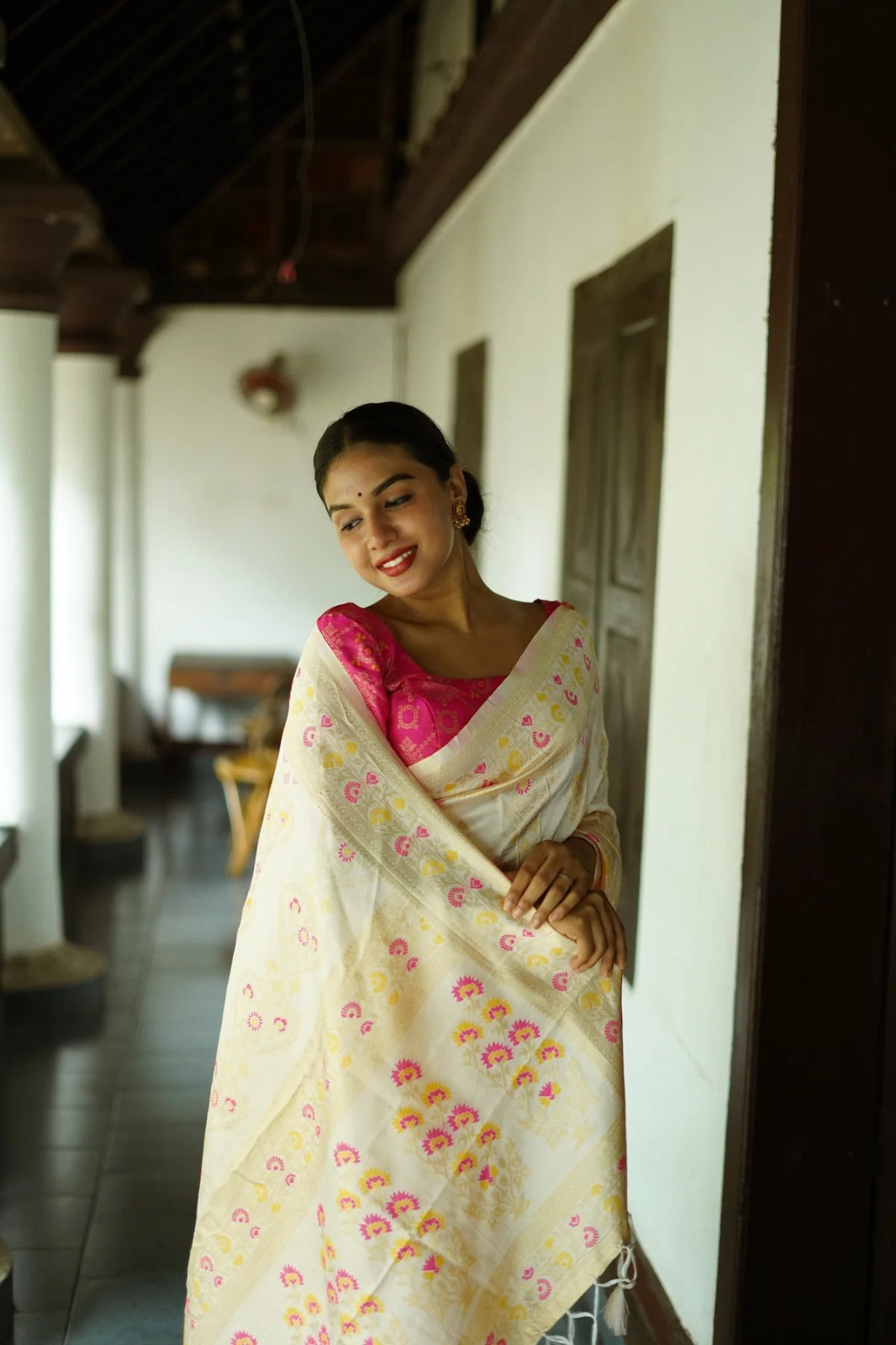 White and Pink Designer Rajdwari Dola Silk Saree