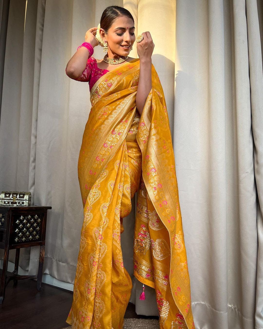 Yellow and Pink Designer Rajdwari Dola Silk Saree