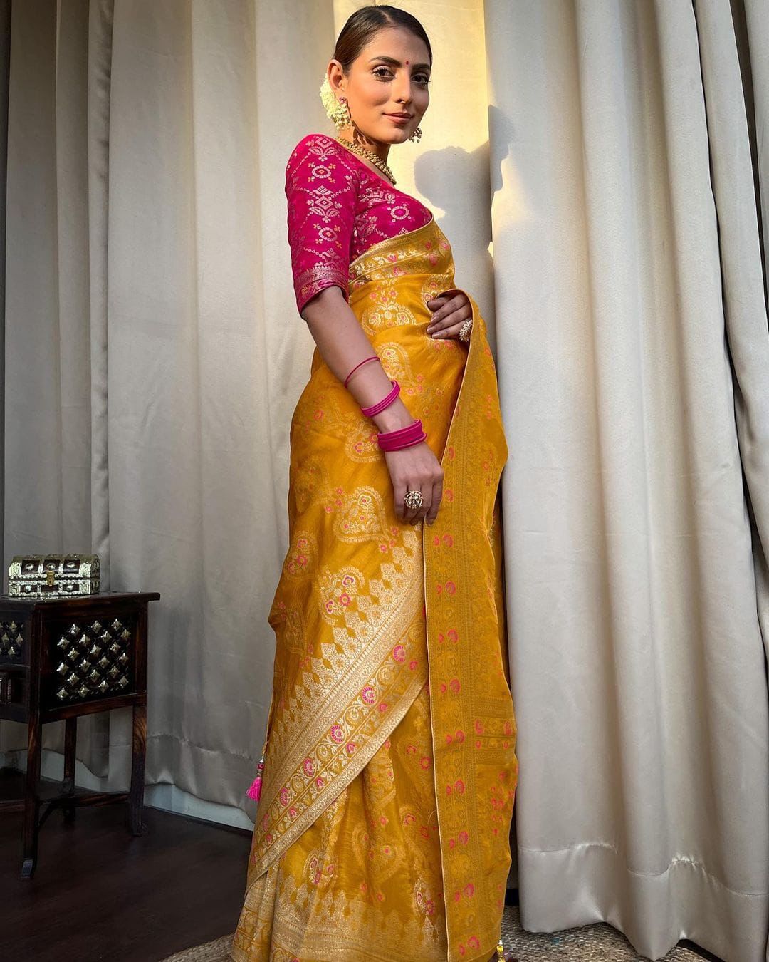 Yellow and Pink Designer Rajdwari Dola Silk Saree