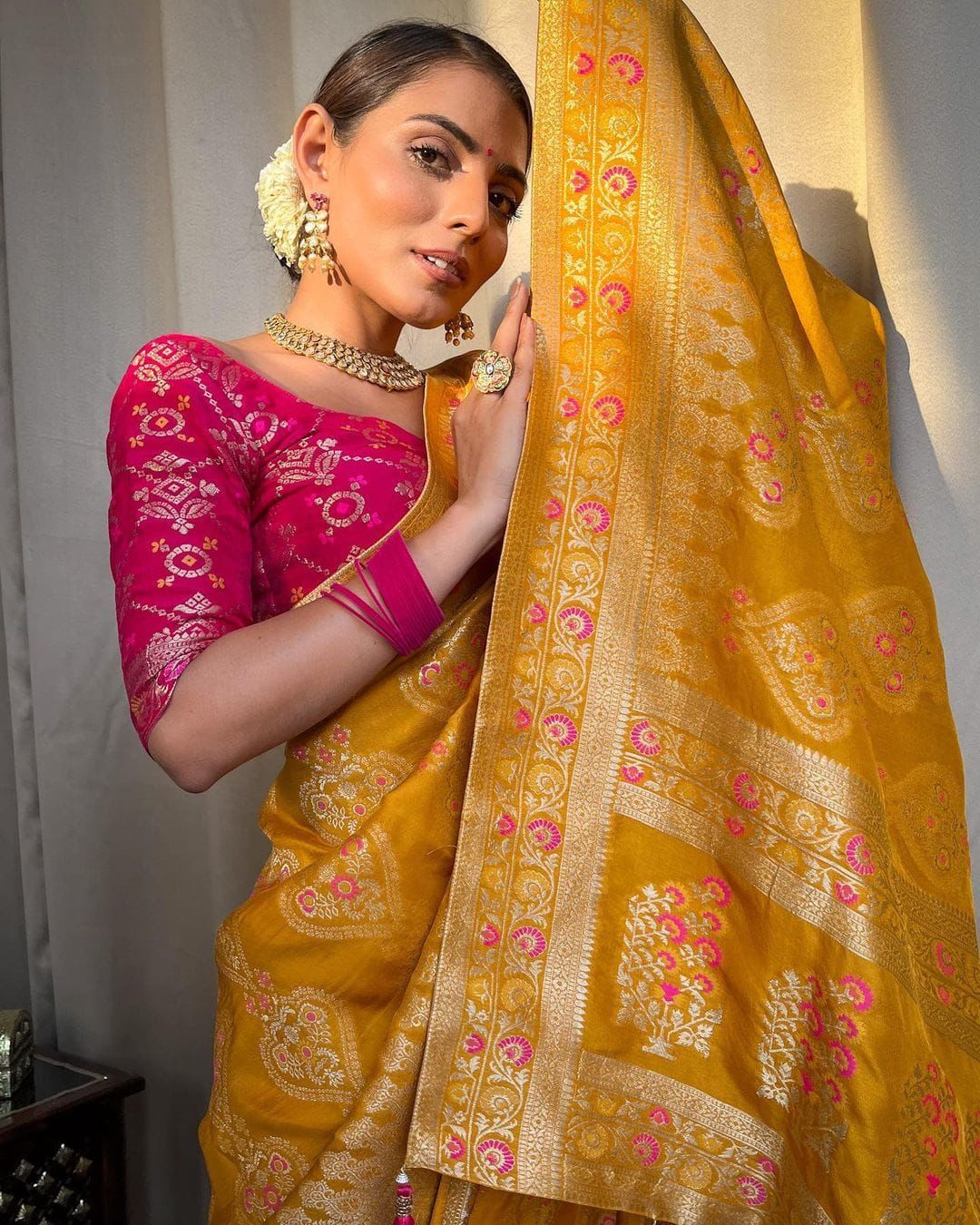 Yellow and Pink Designer Rajdwari Dola Silk Saree