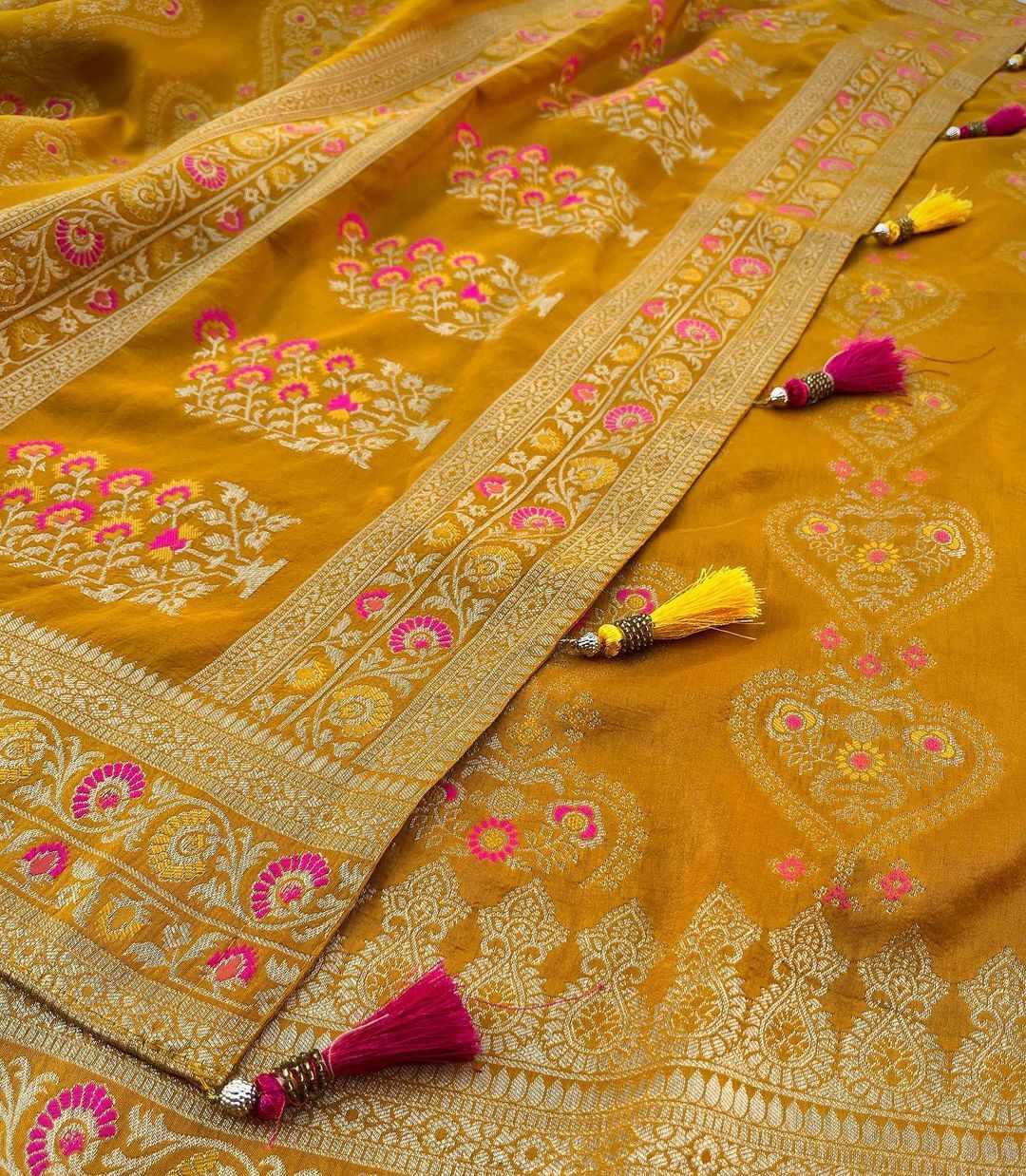 Yellow and Pink Designer Rajdwari Dola Silk Saree