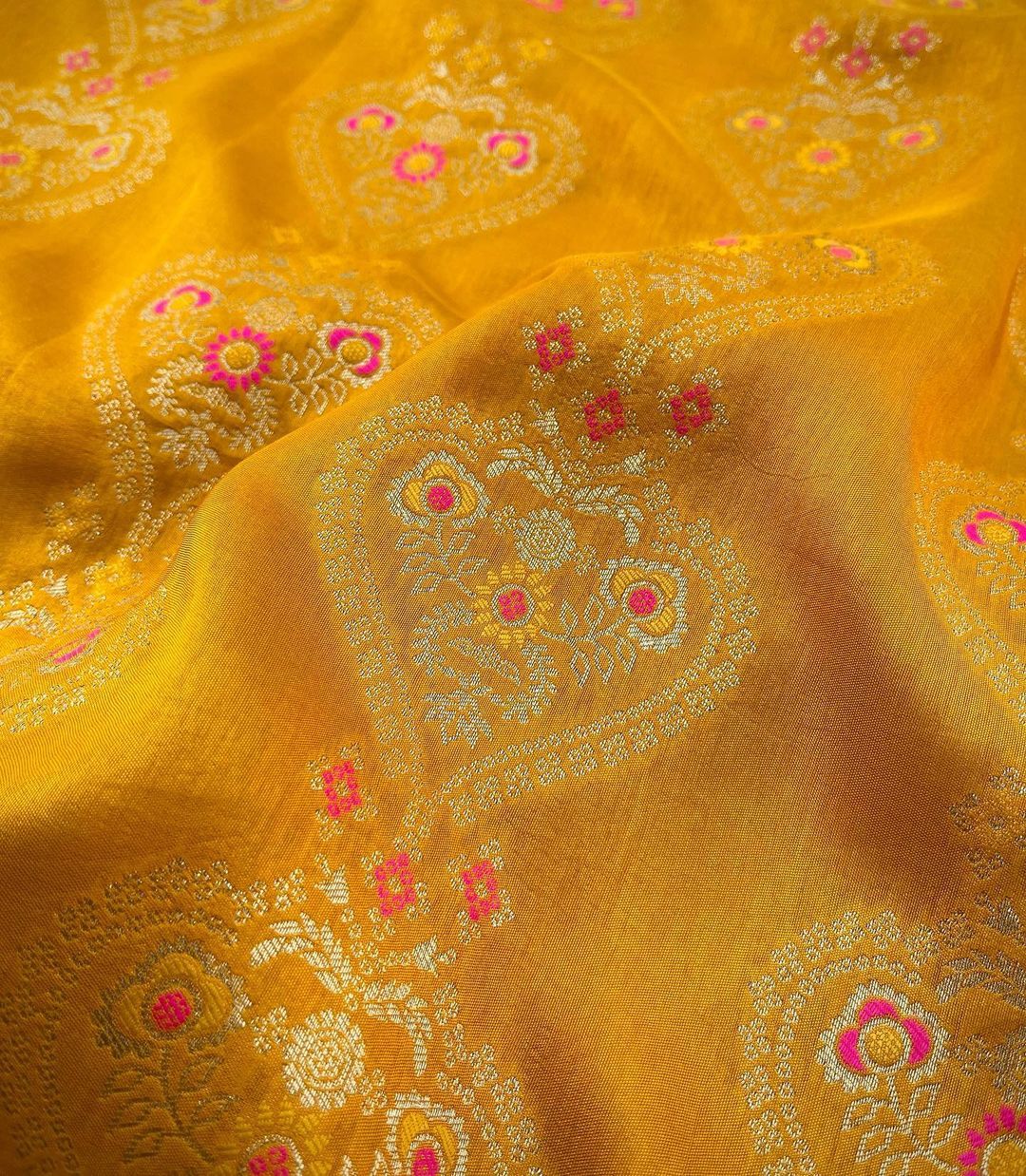 Yellow and Pink Designer Rajdwari Dola Silk Saree