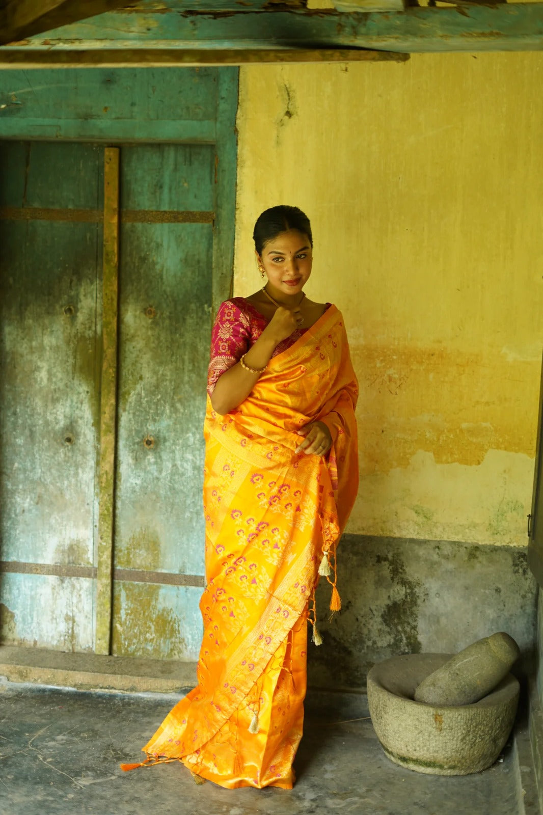 Yellow and Pink Designer Rajdwari Dola Silk Saree