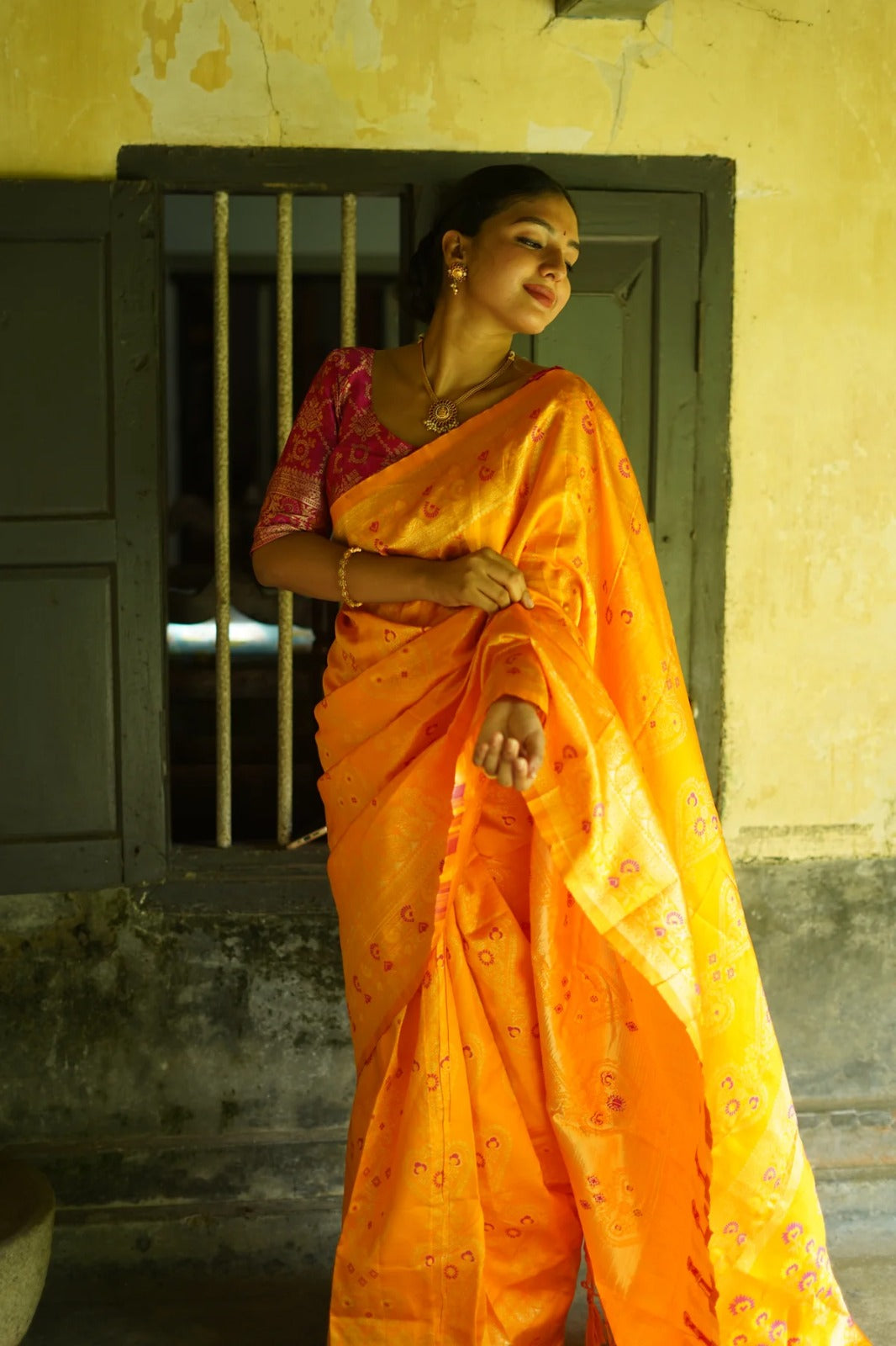 Yellow and Pink Designer Rajdwari Dola Silk Saree