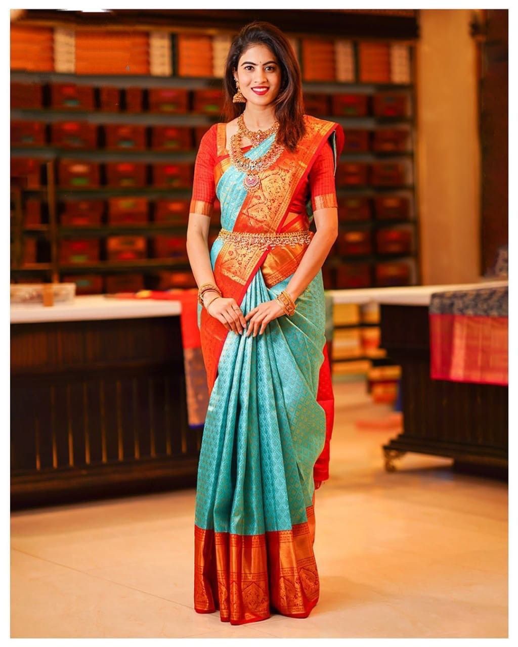 Aqua Sky and Red Rashmika Pure Silk Saree