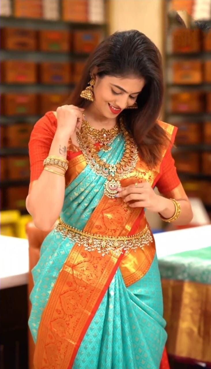 Aqua Sky and Red Rashmika Pure Silk Saree