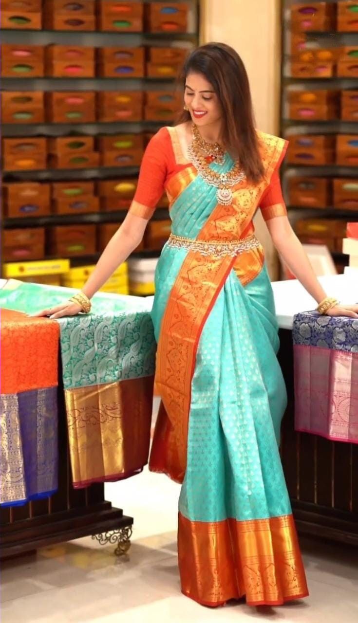 Aqua Sky and Red Rashmika Pure Silk Saree