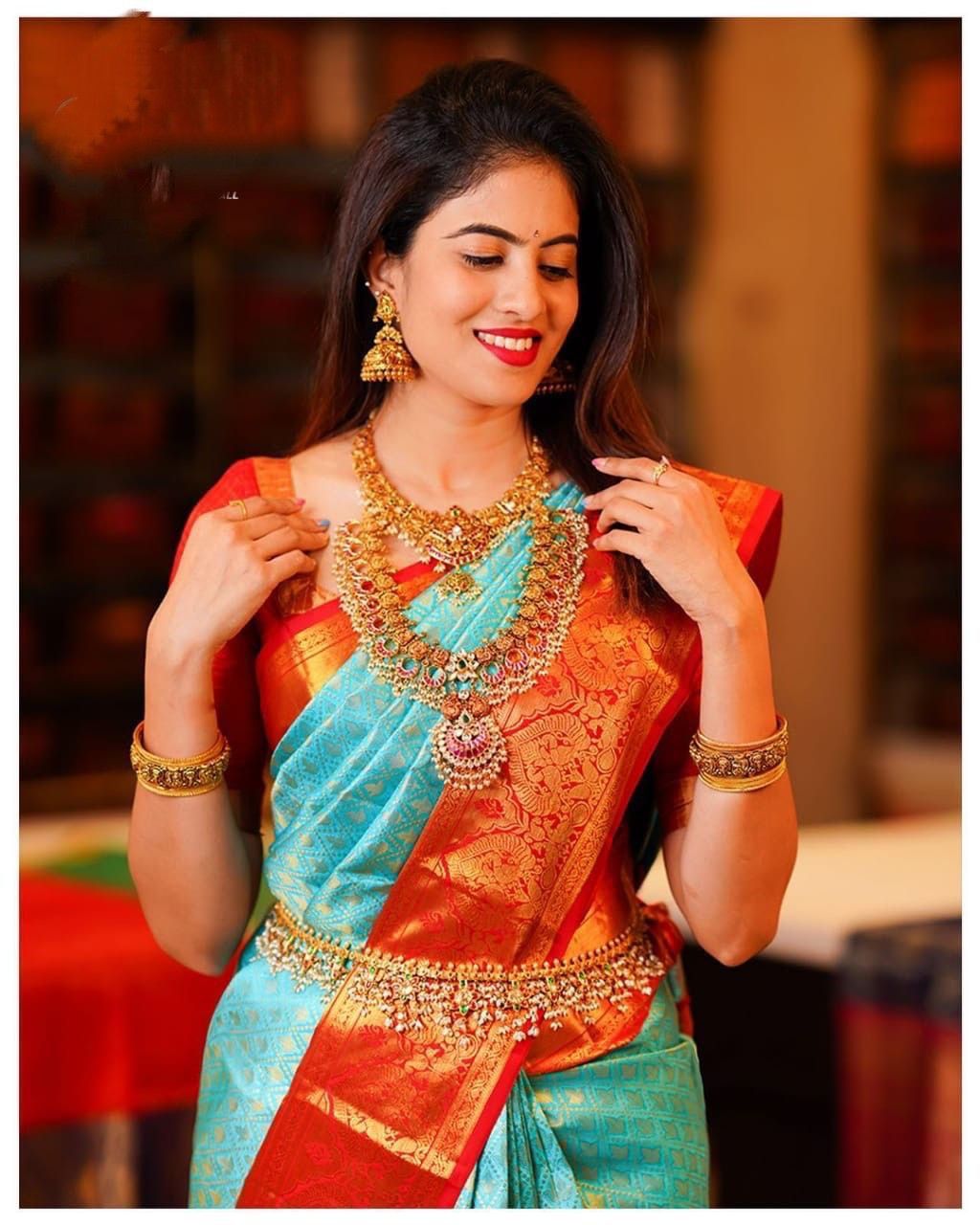 Aqua Sky and Red Rashmika Pure Silk Saree