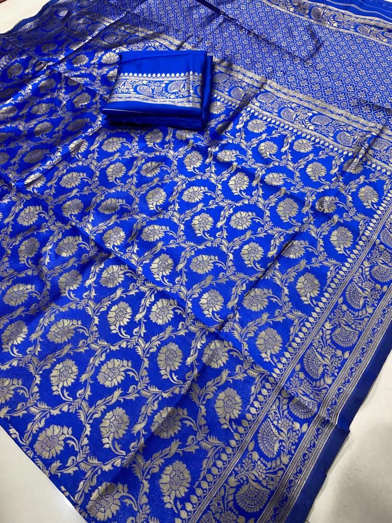 Royal Blue Golden Design Boarder Zal Dola Silk Saree