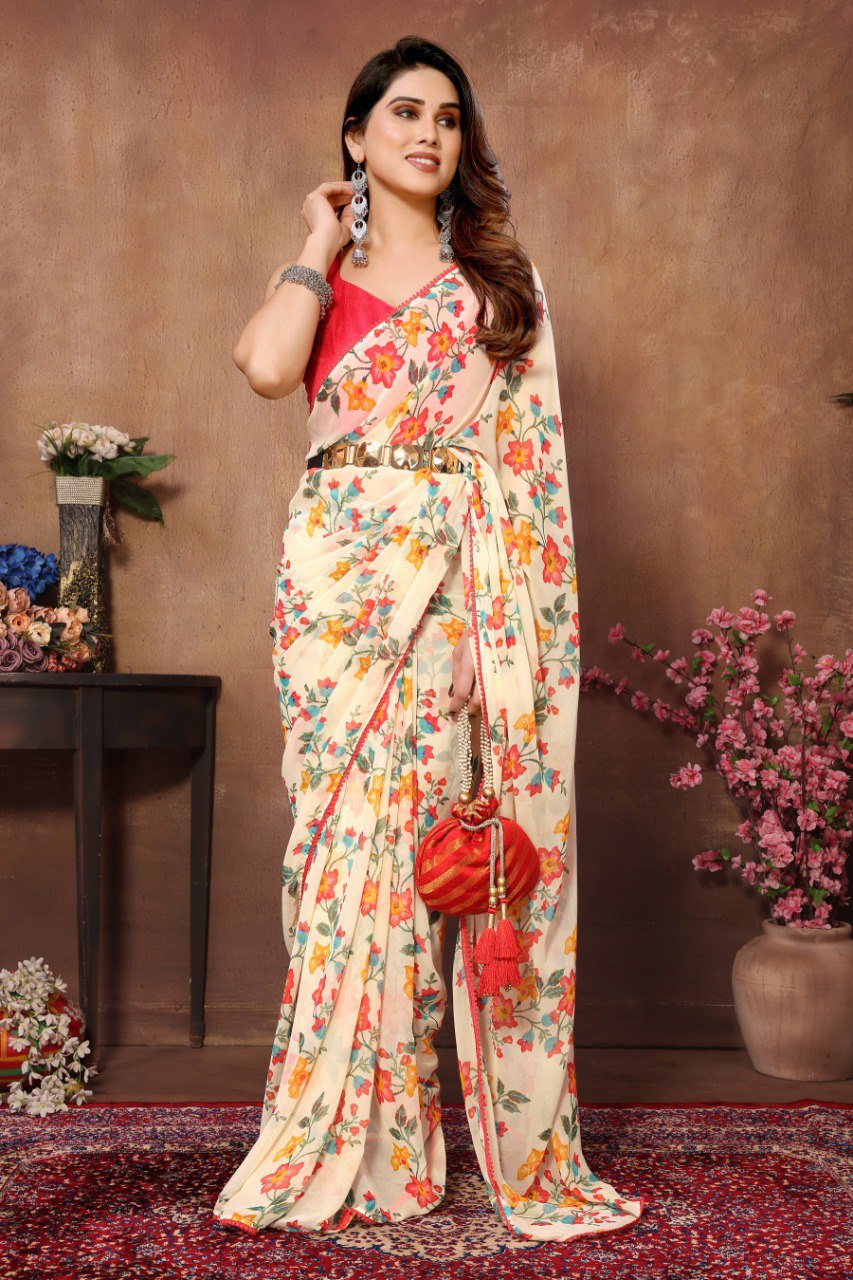 1-Minute Ready To Wear Beige Georgette Saree With Unstitched Blouse.