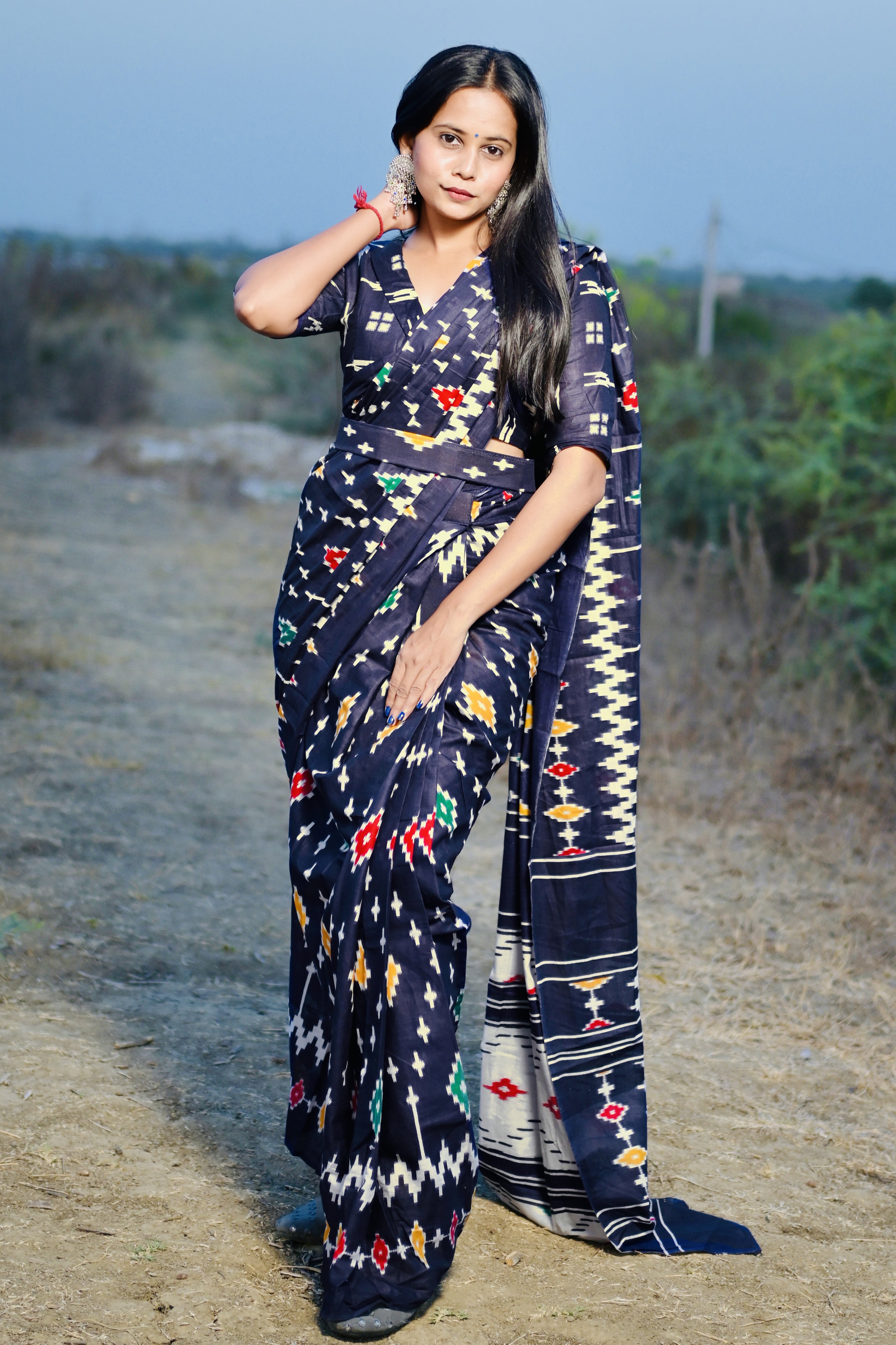 Ready To Wear Blue Printed 100% Soft Pure Cotton Saree With Unstitched Blouse.