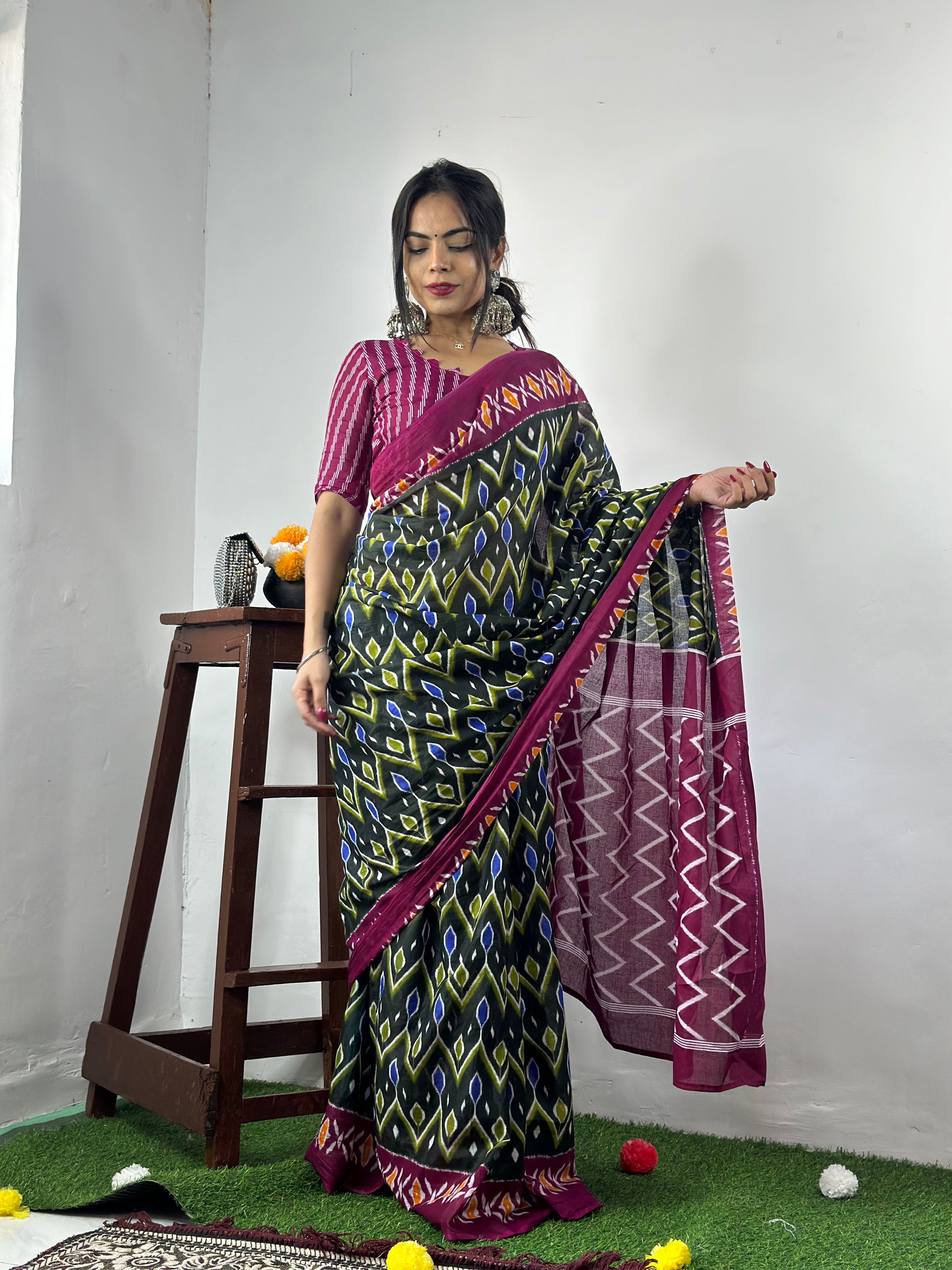 Beautiful Printed Soft Pure Cotton Saree With Unstitched Blouse.