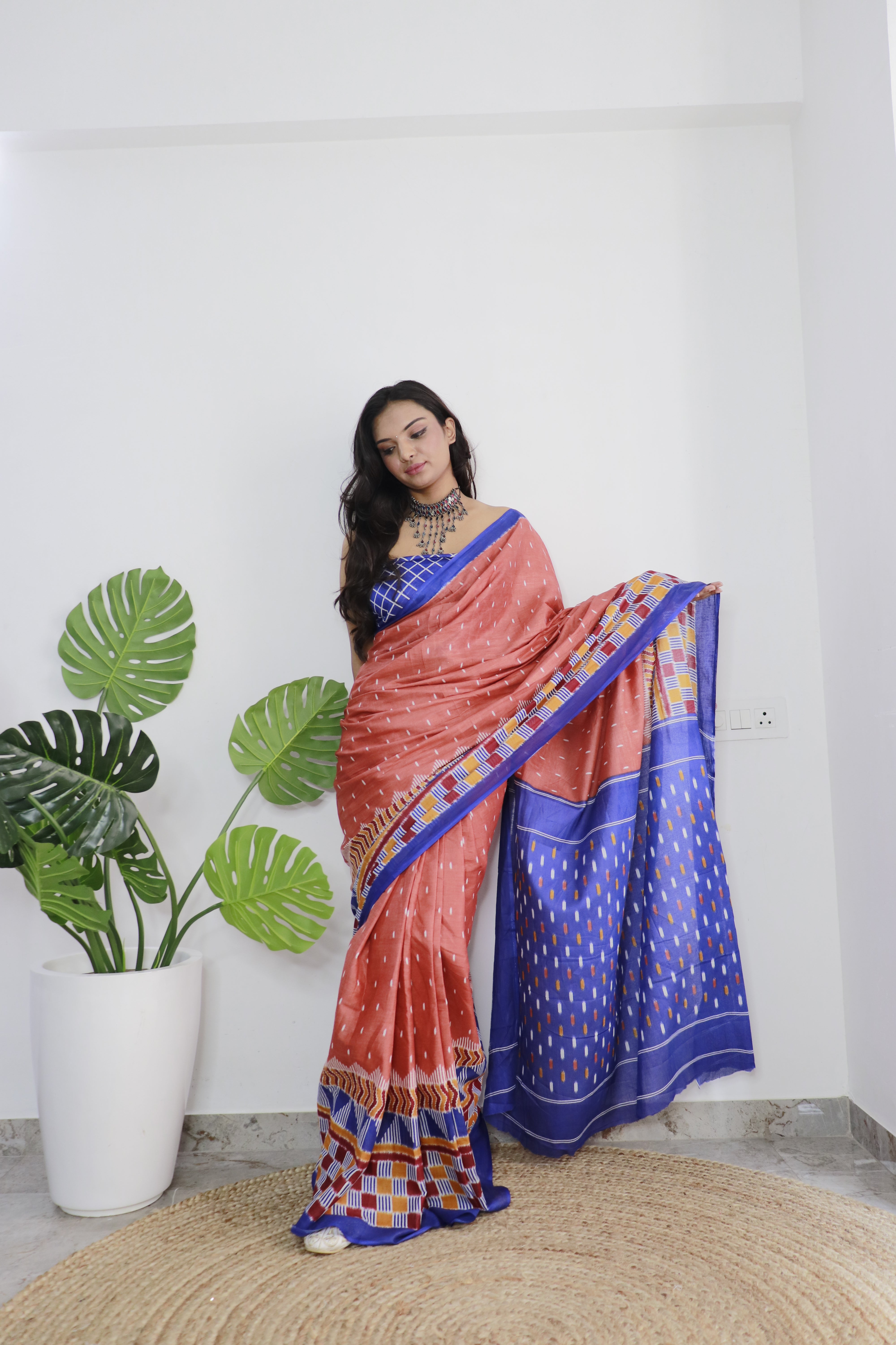 Blue Printed 100% Soft Pure Cotton Saree With Unstitched Blouse.