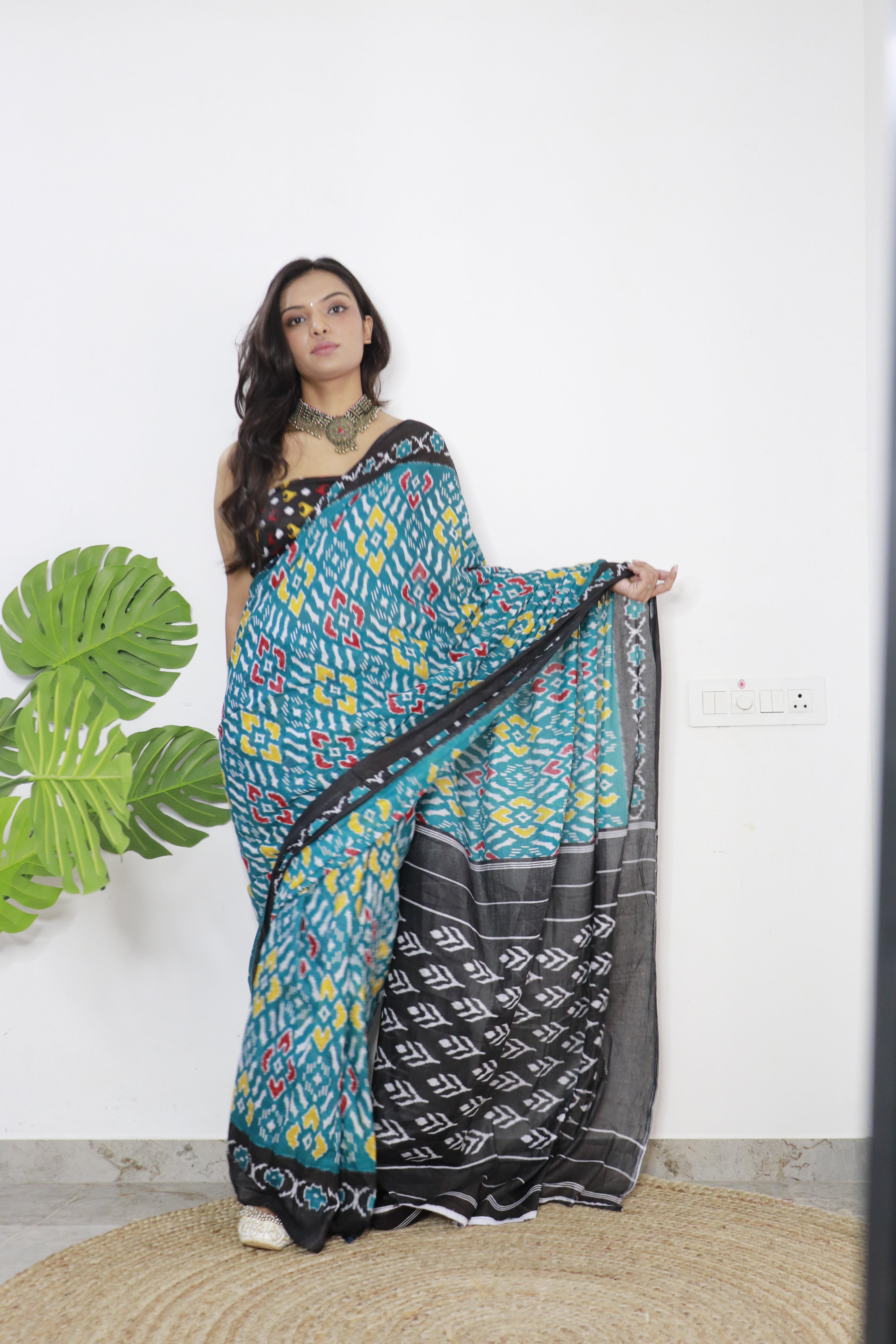 Sea Green Maroon Printed 100% Soft Pure Cotton Saree With Unstitched Blouse.