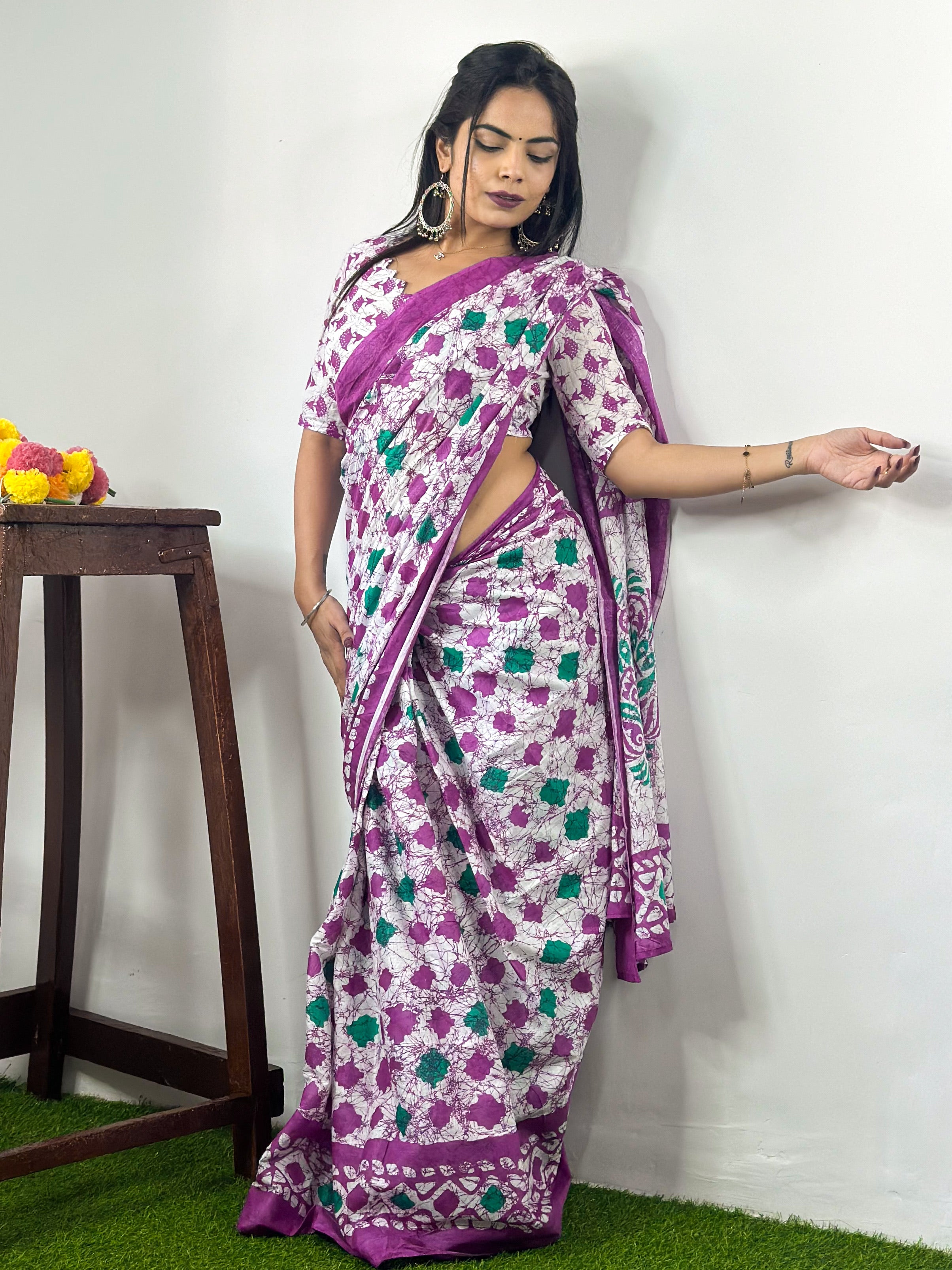 Beautiful Printed Soft Pure Cotton Saree With Unstitched Blouse.