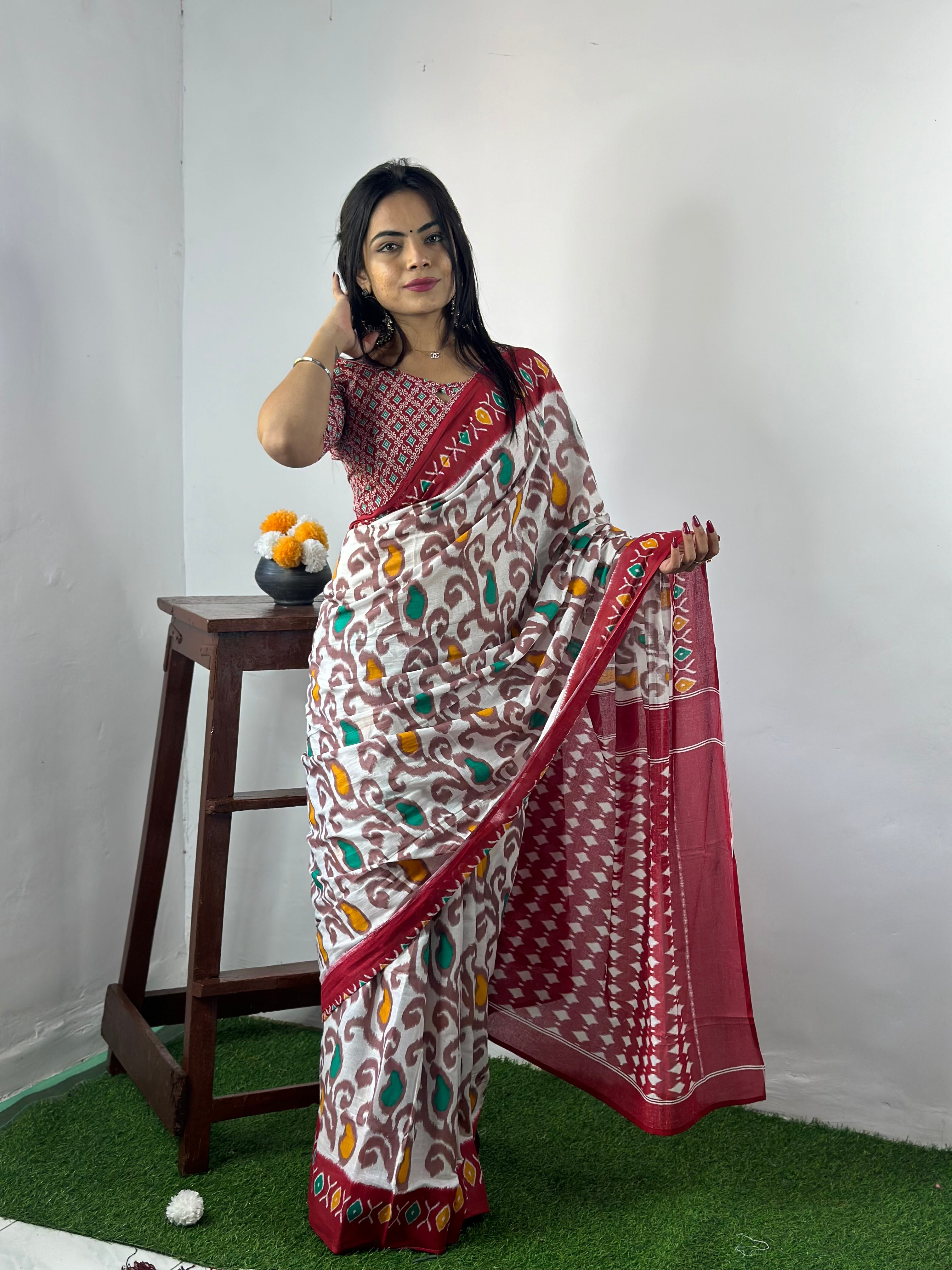 Beautiful Printed Soft Pure Cotton Saree With Unstitched Blouse.