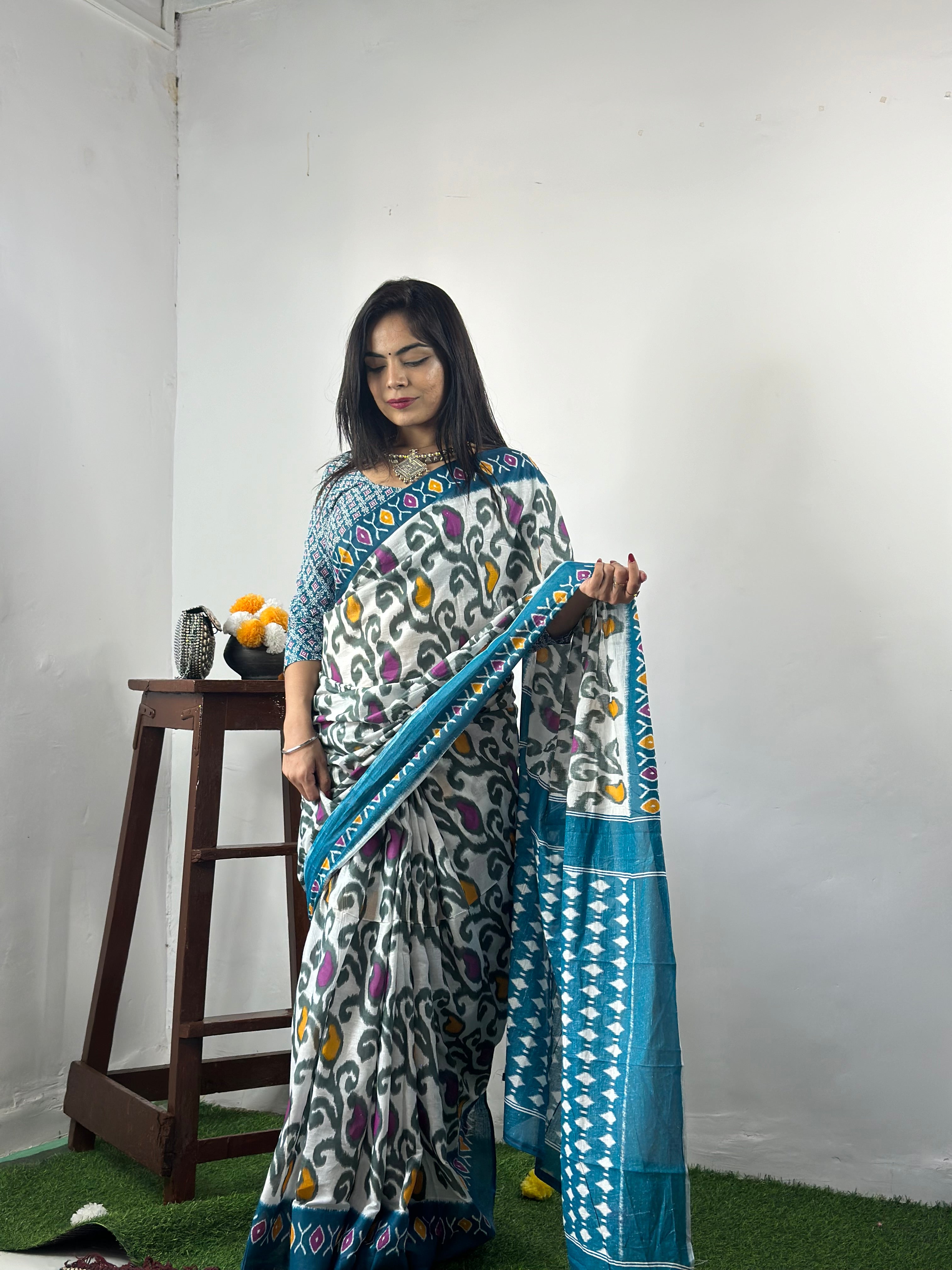 Beautiful Printed Soft Pure Cotton Saree With Unstitched Blouse.