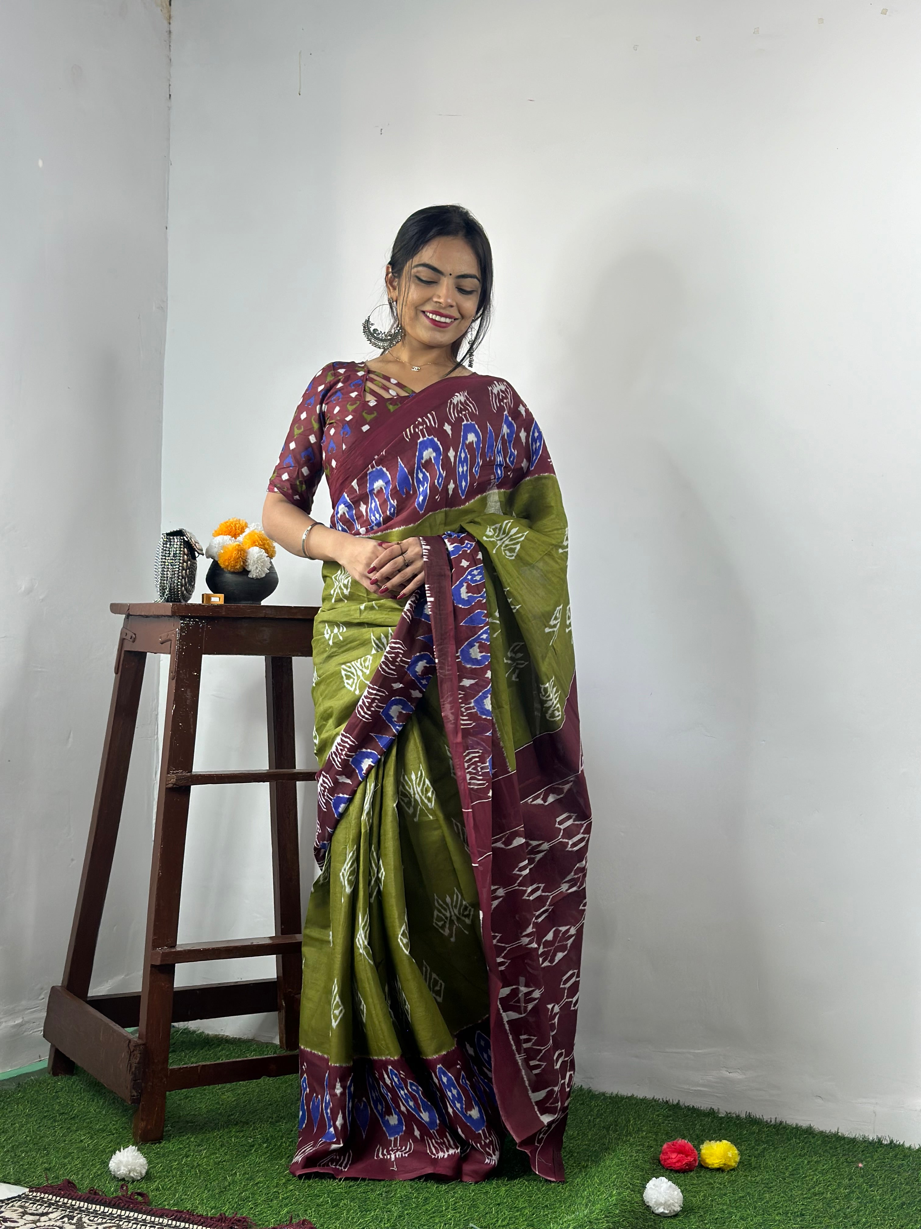 Beautiful Printed Soft Pure Cotton Saree With Unstitched Blouse.