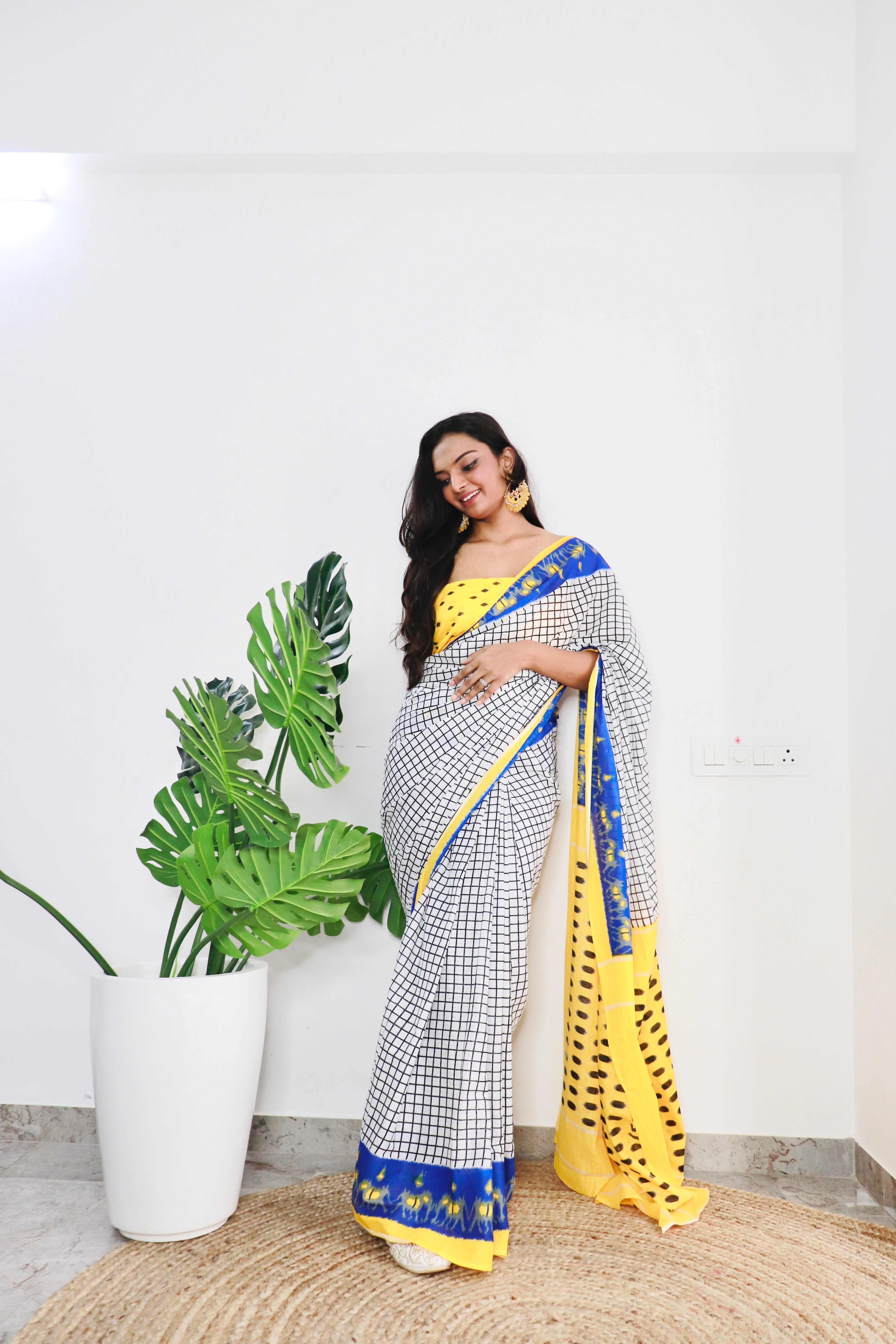 Yellow Printed 100% Soft Pure Cotton Saree With Unstitched Blouse.