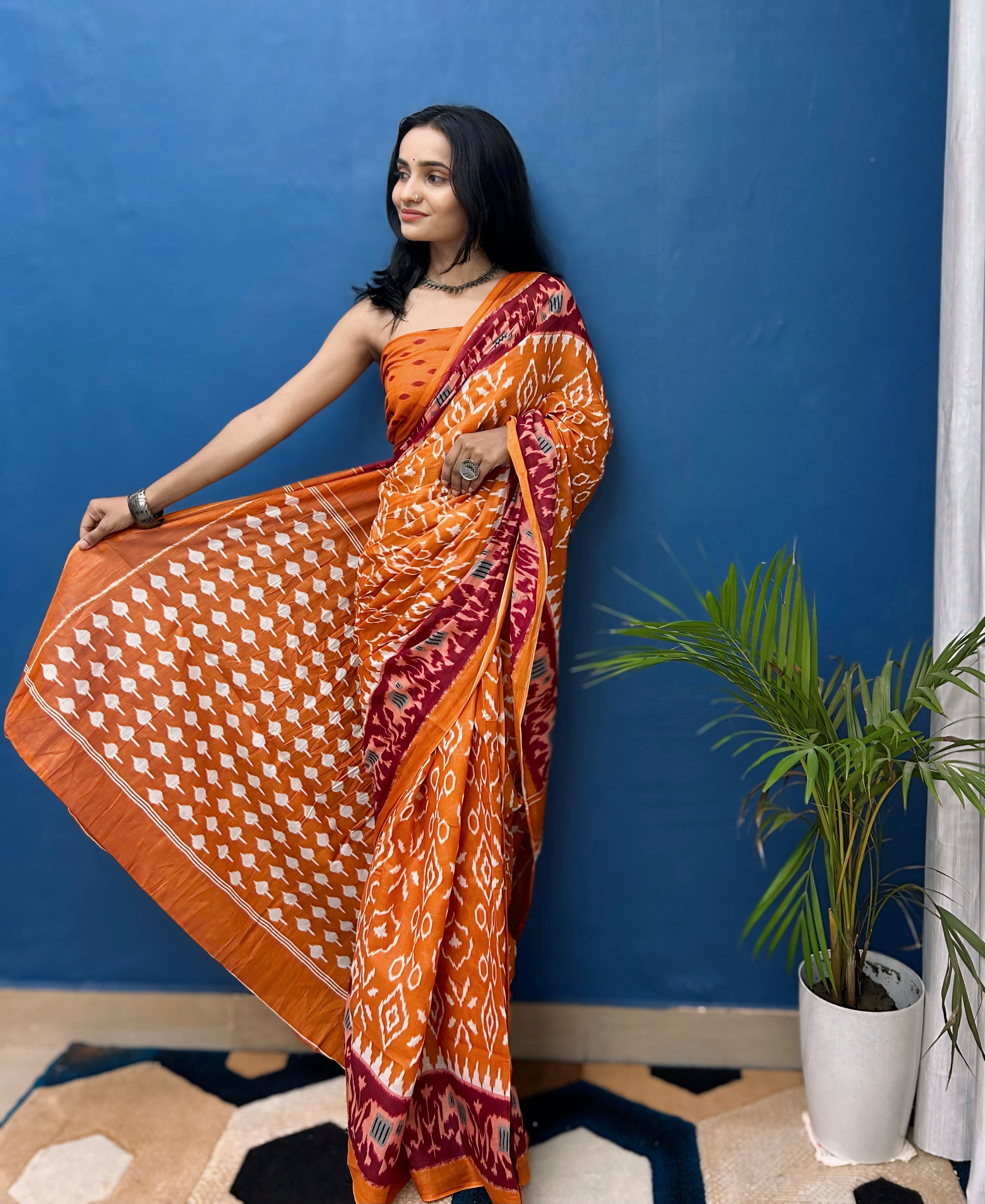 Beautiful Printed Soft Pure Cotton Saree With Unstitched Blouse.