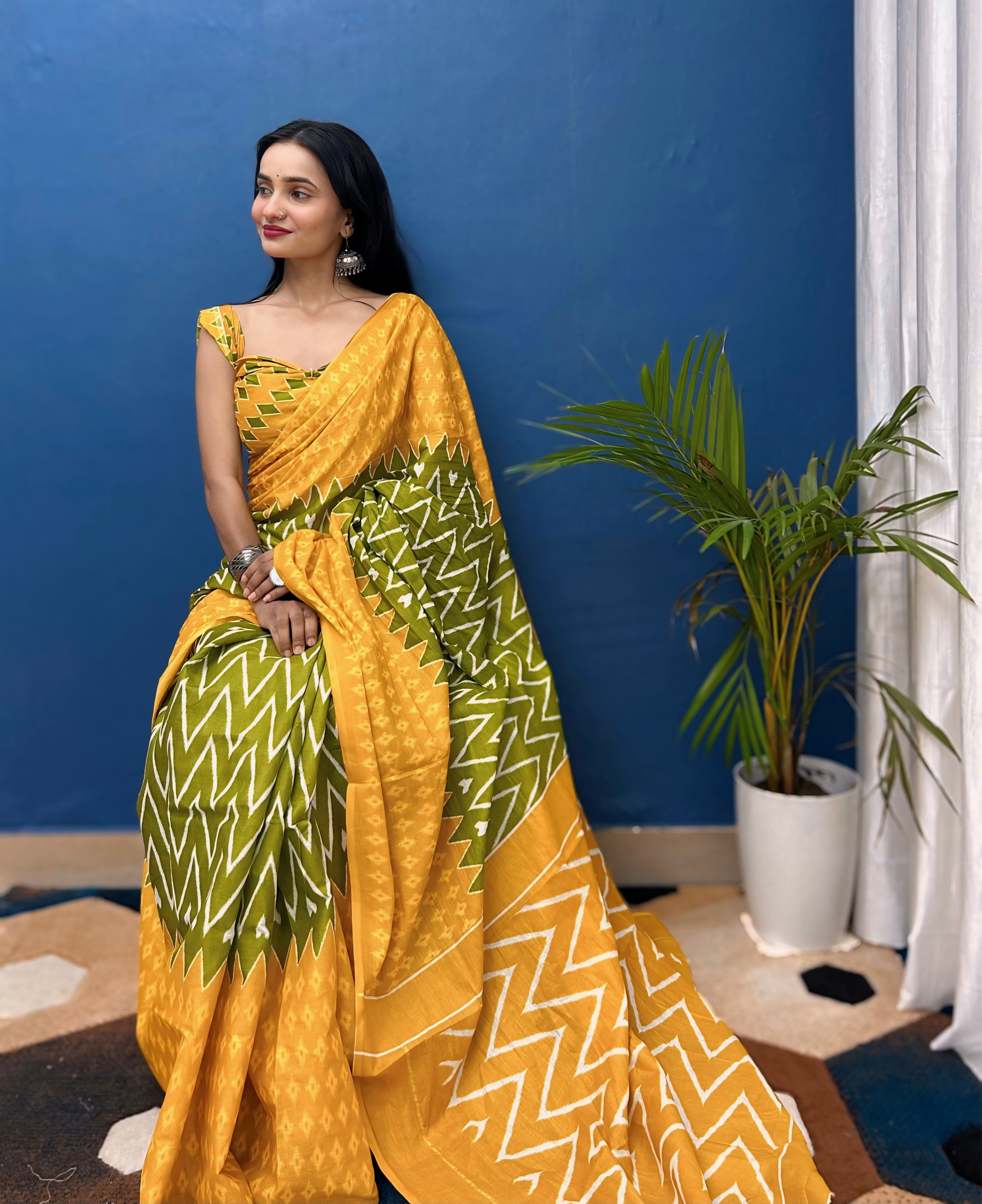 Beautiful Printed Soft Pure Cotton Saree With Unstitched Blouse.